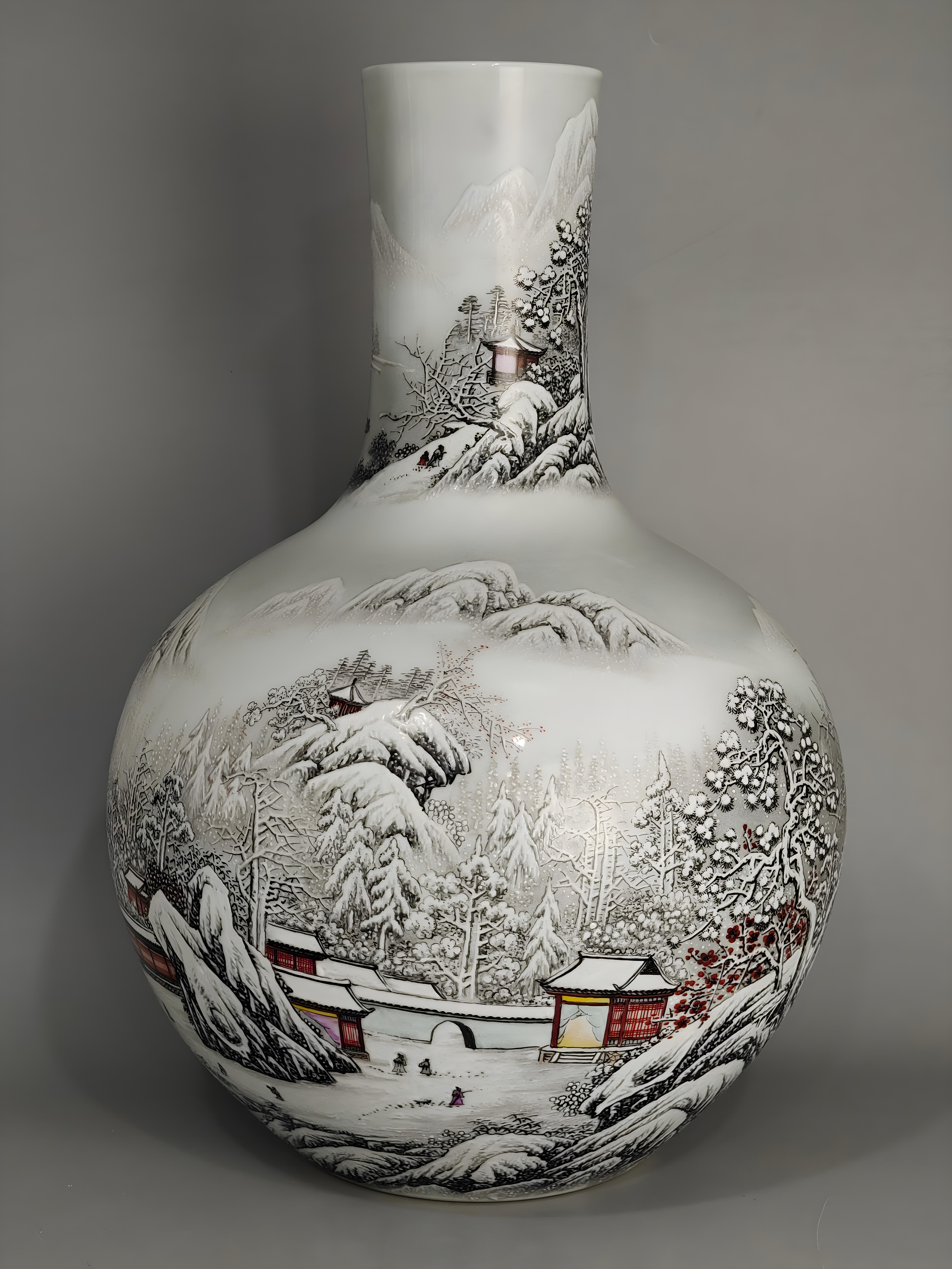 Contemporary Handmade Snowing Landscape Porcelain Vase, China Jingdezhen For Sale