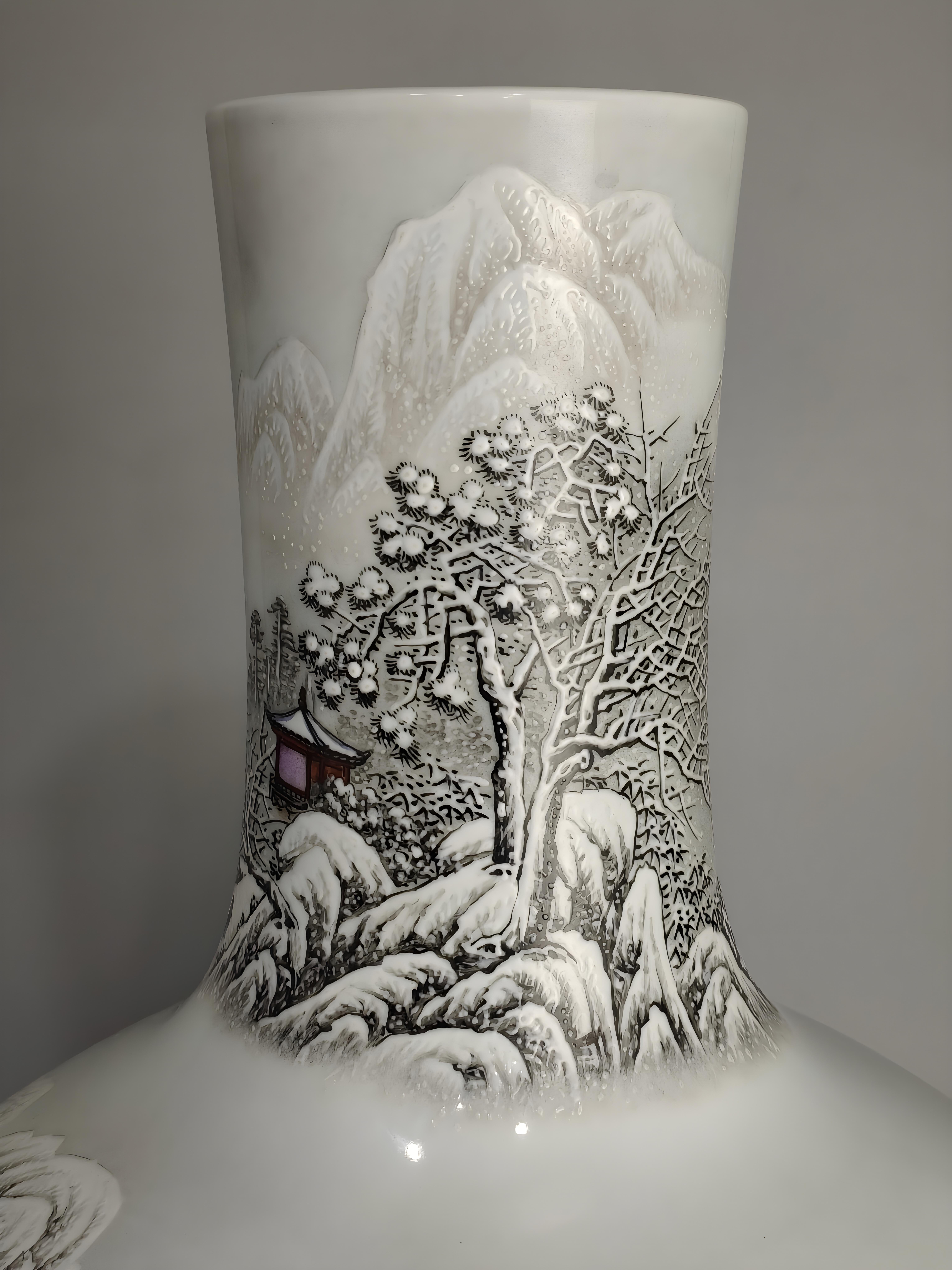 Handmade Snowing Landscape Porcelain Vase, China Jingdezhen For Sale 2