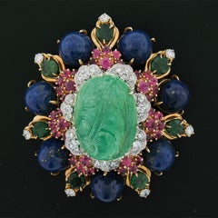 Handmade Solid Gold GIA Carved Emerald Lapis Ruby Diamond Floral Pin Brooch