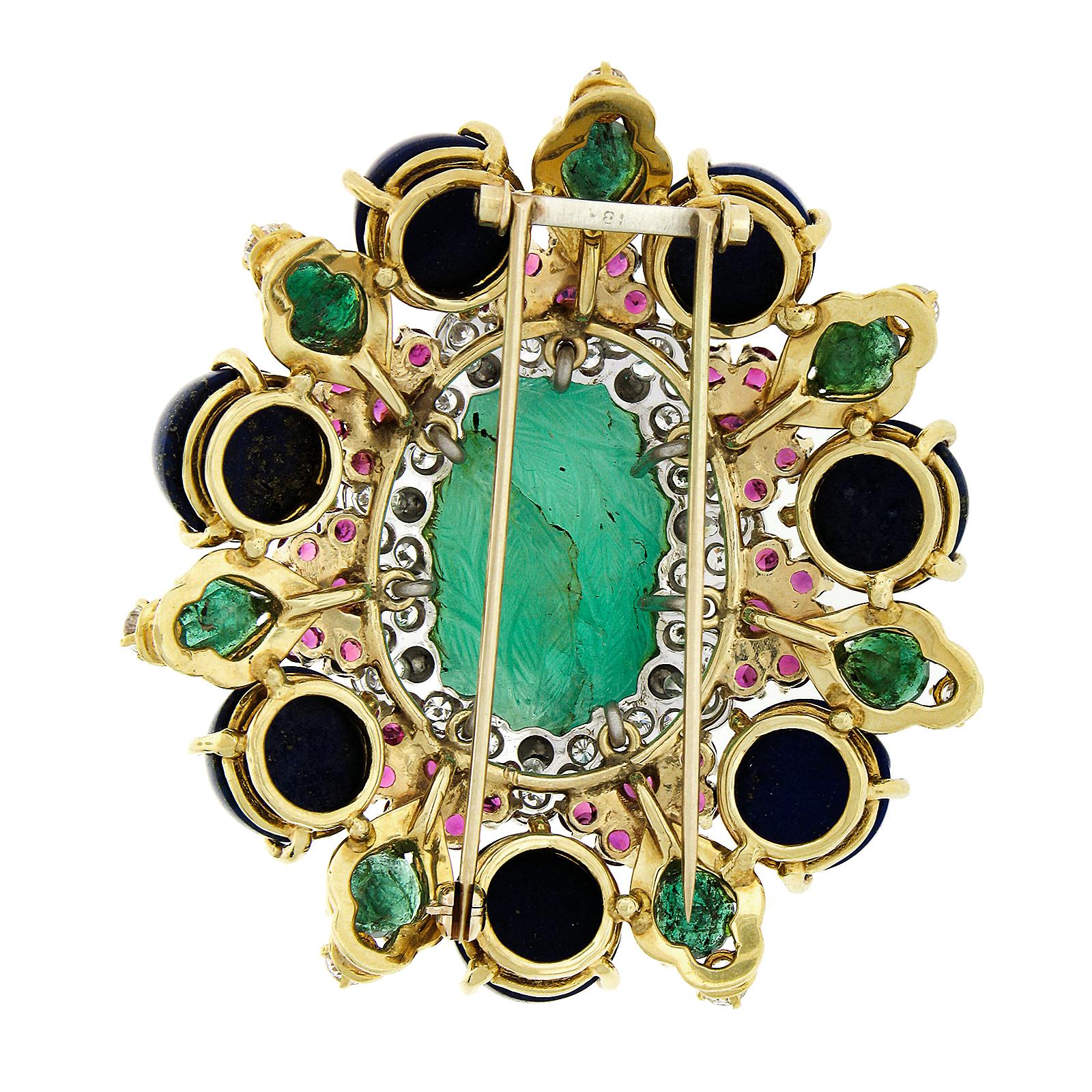 Oval Cut Handmade Solid Gold GIA Carved Emerald Lapis Ruby Diamond Floral Pin Brooch For Sale