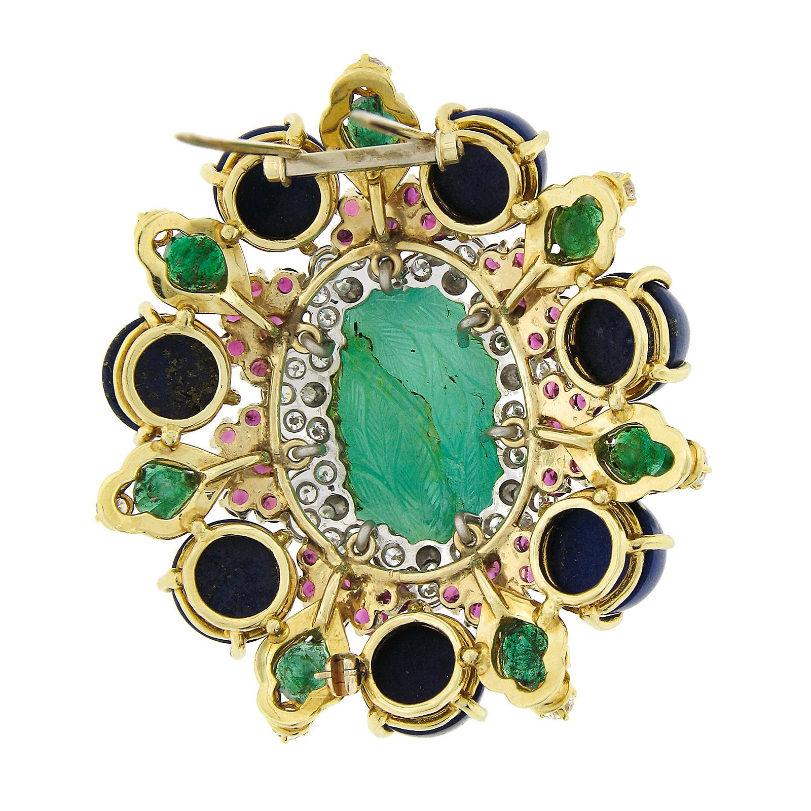 Handmade Solid Gold GIA Carved Emerald Lapis Ruby Diamond Floral Pin Brooch In Excellent Condition For Sale In Montclair, NJ