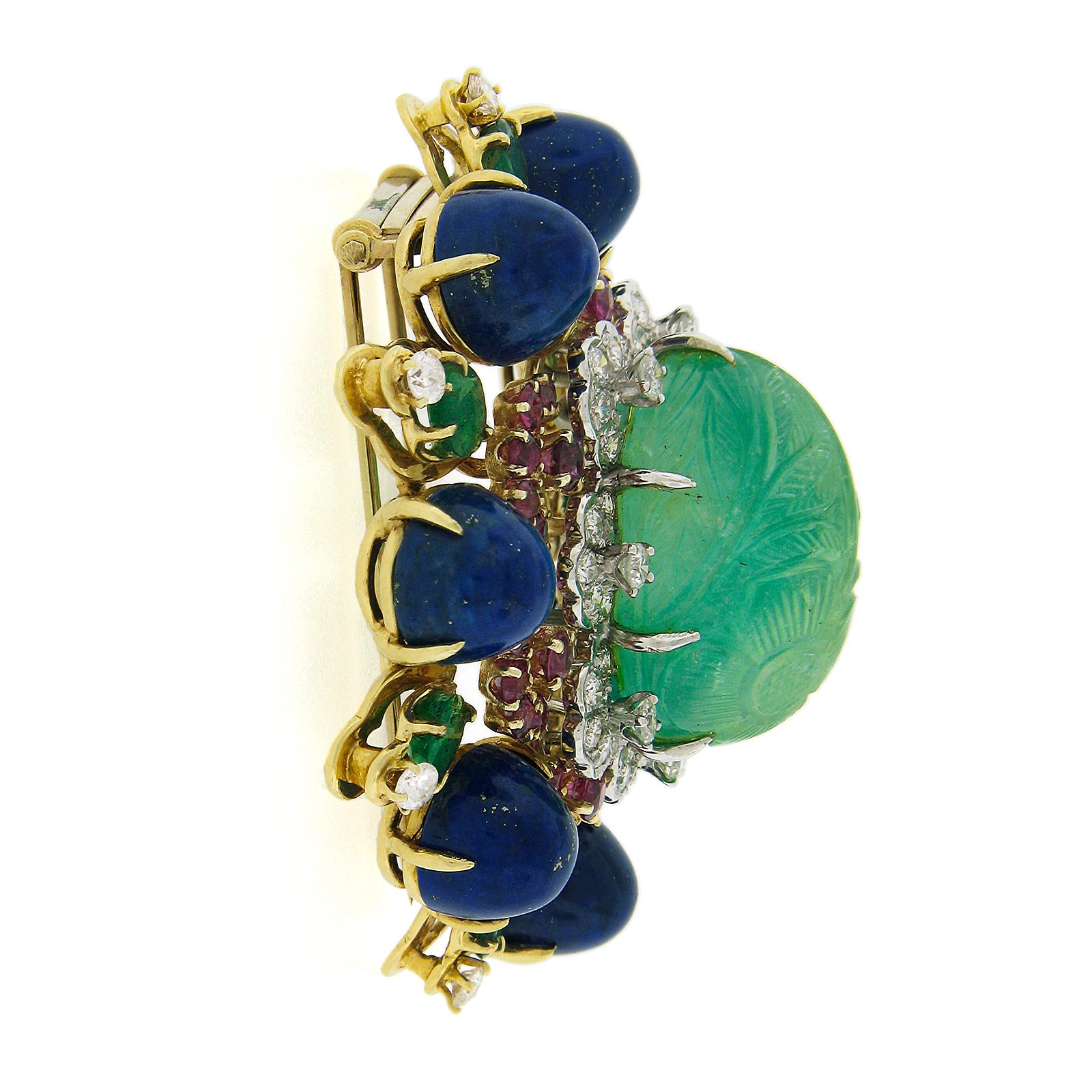 Women's or Men's Handmade Solid Gold GIA Carved Emerald Lapis Ruby Diamond Floral Pin Brooch For Sale