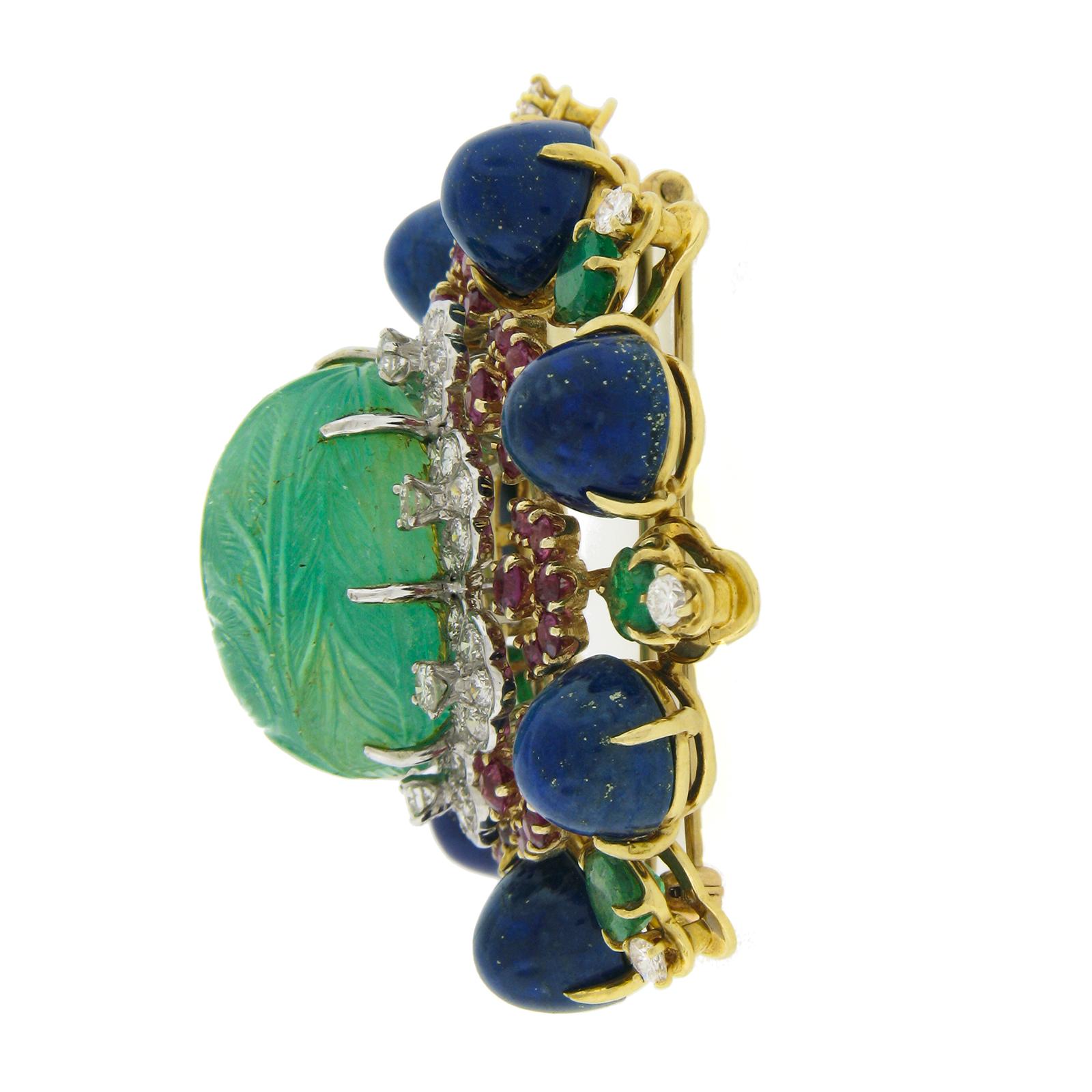 Handmade Solid Gold GIA Carved Emerald Lapis Ruby Diamond Floral Pin Brooch For Sale 1