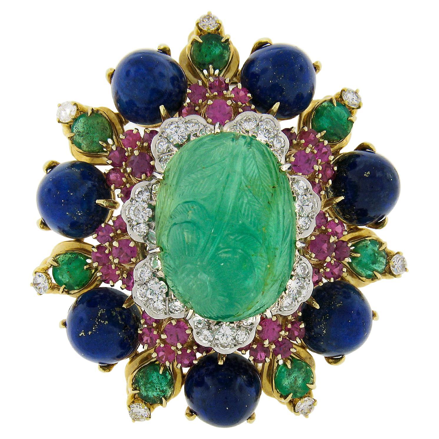 Handmade Solid Gold GIA Carved Emerald Lapis Ruby Diamond Floral Pin Brooch For Sale