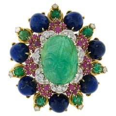 Handmade Solid Gold GIA Carved Emerald Lapis Ruby Diamond Floral Pin Brooch