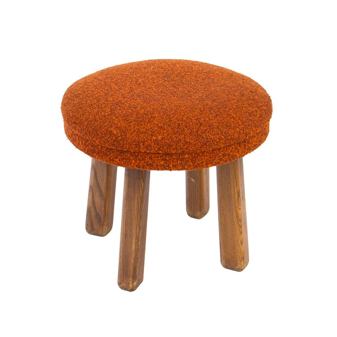 Mid-Century Modern Handmade Solid Oak Stool with Burnt Orange Upholstery