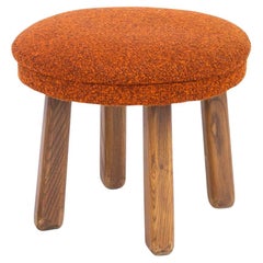 Vintage Handmade Solid Oak Stool with Burnt Orange Upholstery