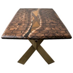 Handmade Solid Walnut Dining Table with Epoxy Resin and X Legs