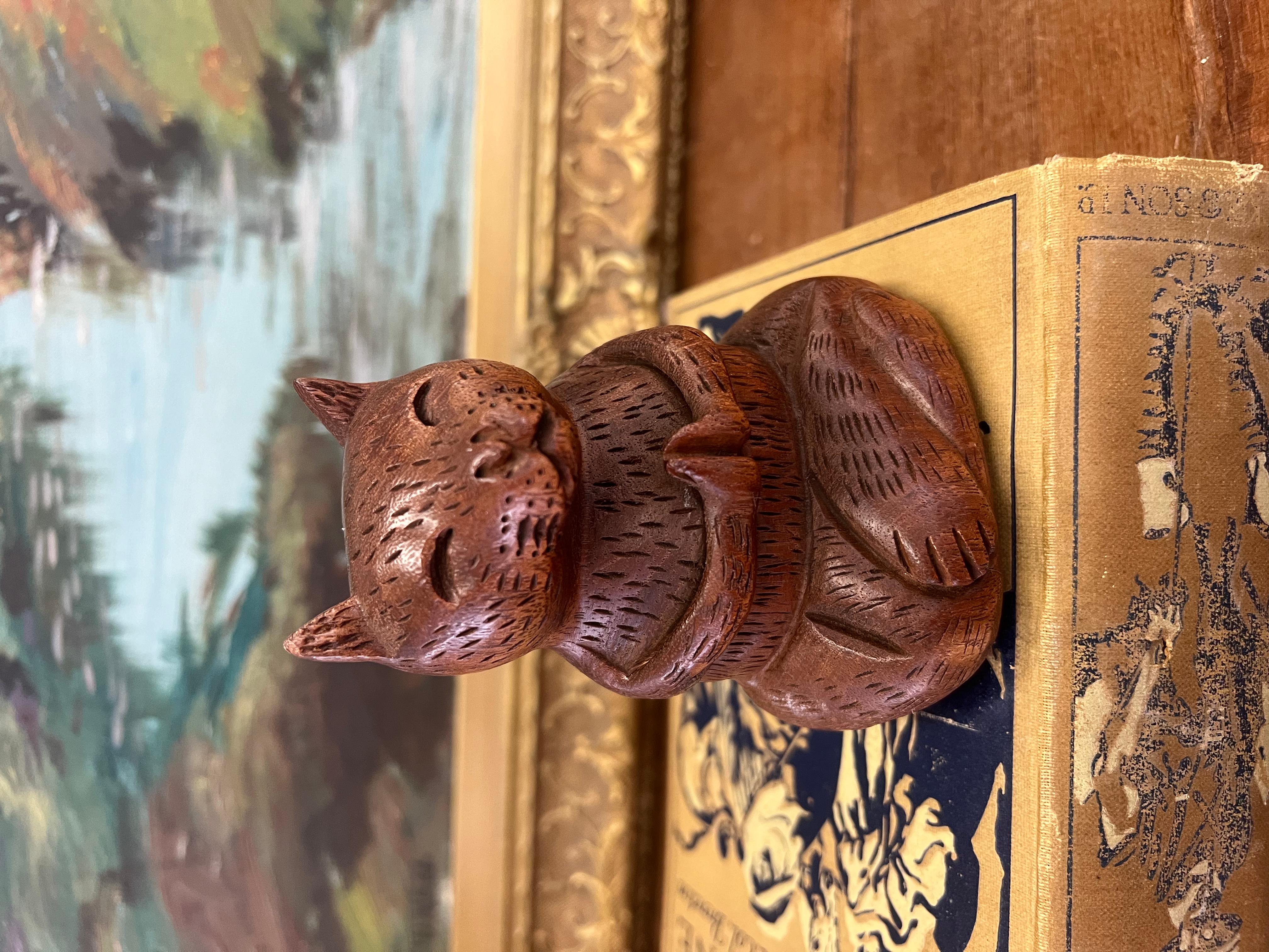 Wood Handmade Solid wood Yoga Cat Sculpture. For Sale
