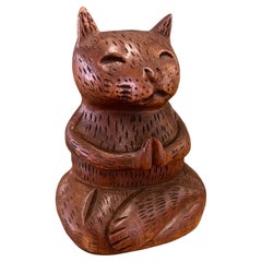 Handmade Solid wood Yoga Cat Sculpture.