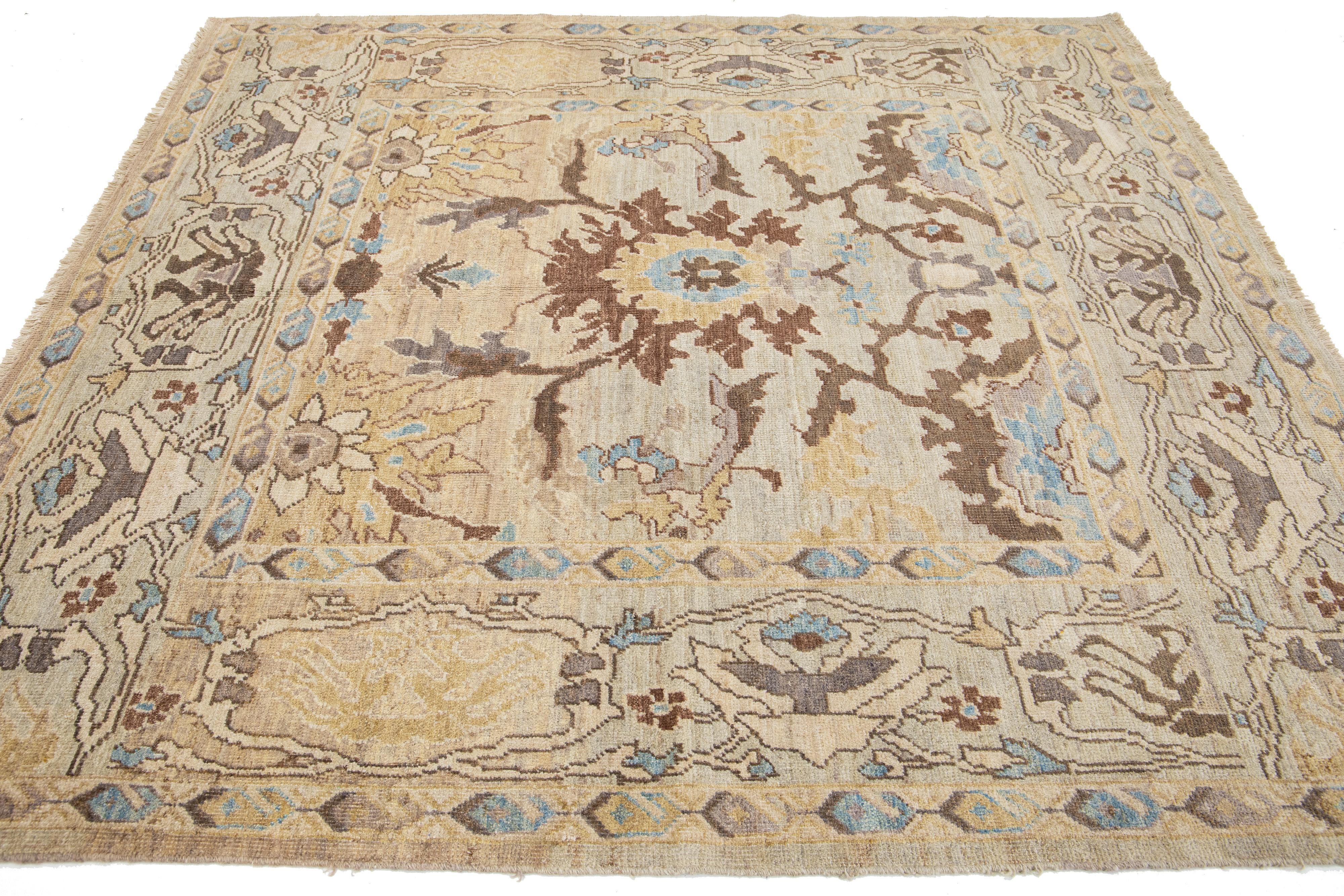 XXIe siècle et contemporain Tapis carré en laine Sultanabad beige fait à la main avec un design modernity ams en vente