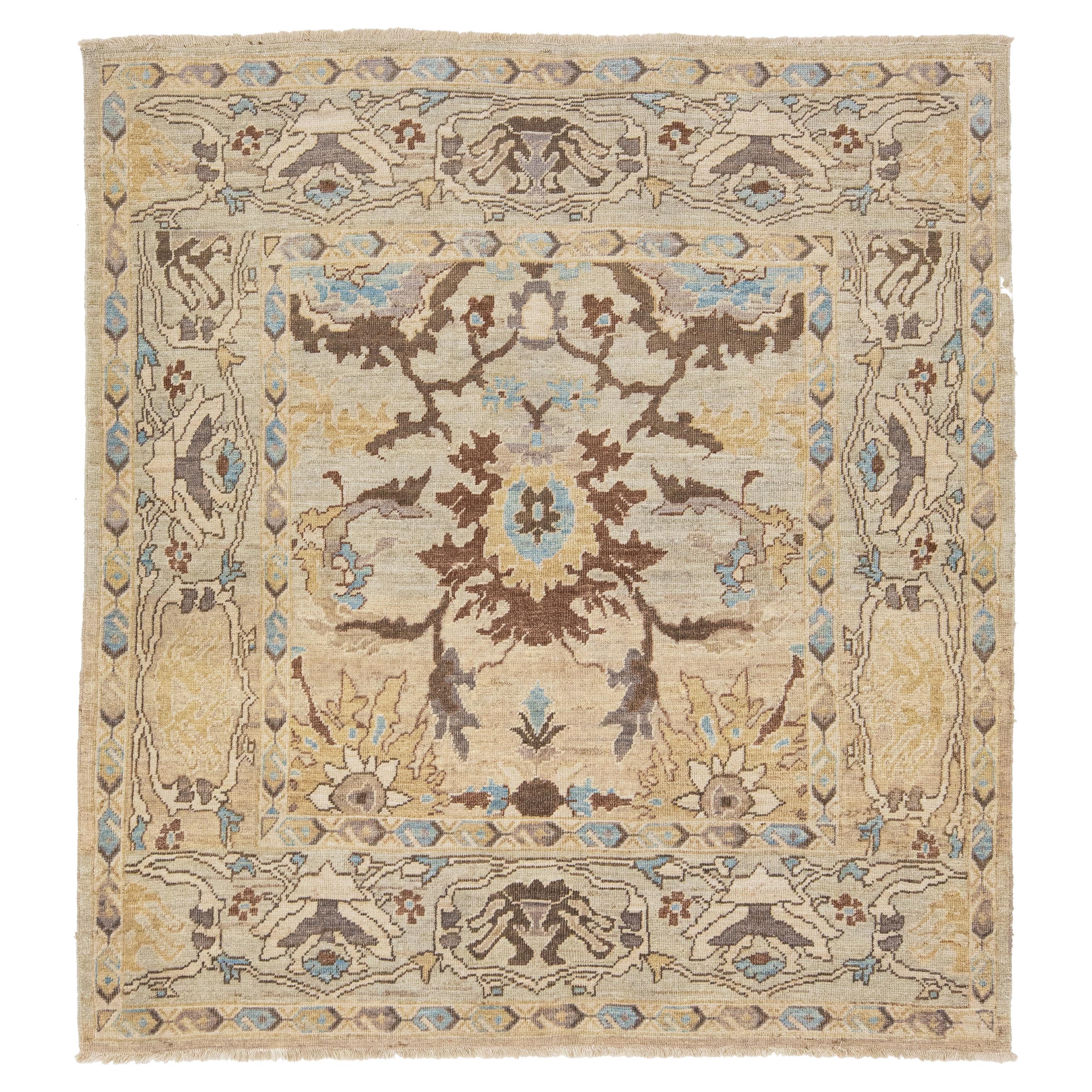 Handmade Square Beige Sultanabad Wool Rug With Modern Allover Design