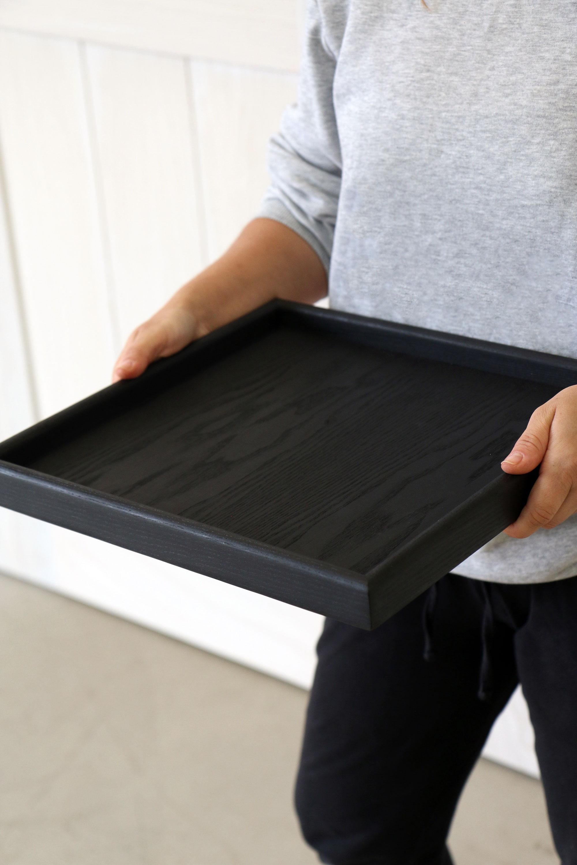 Modern Handmade Square Black Wooden Serving Tray For Sale