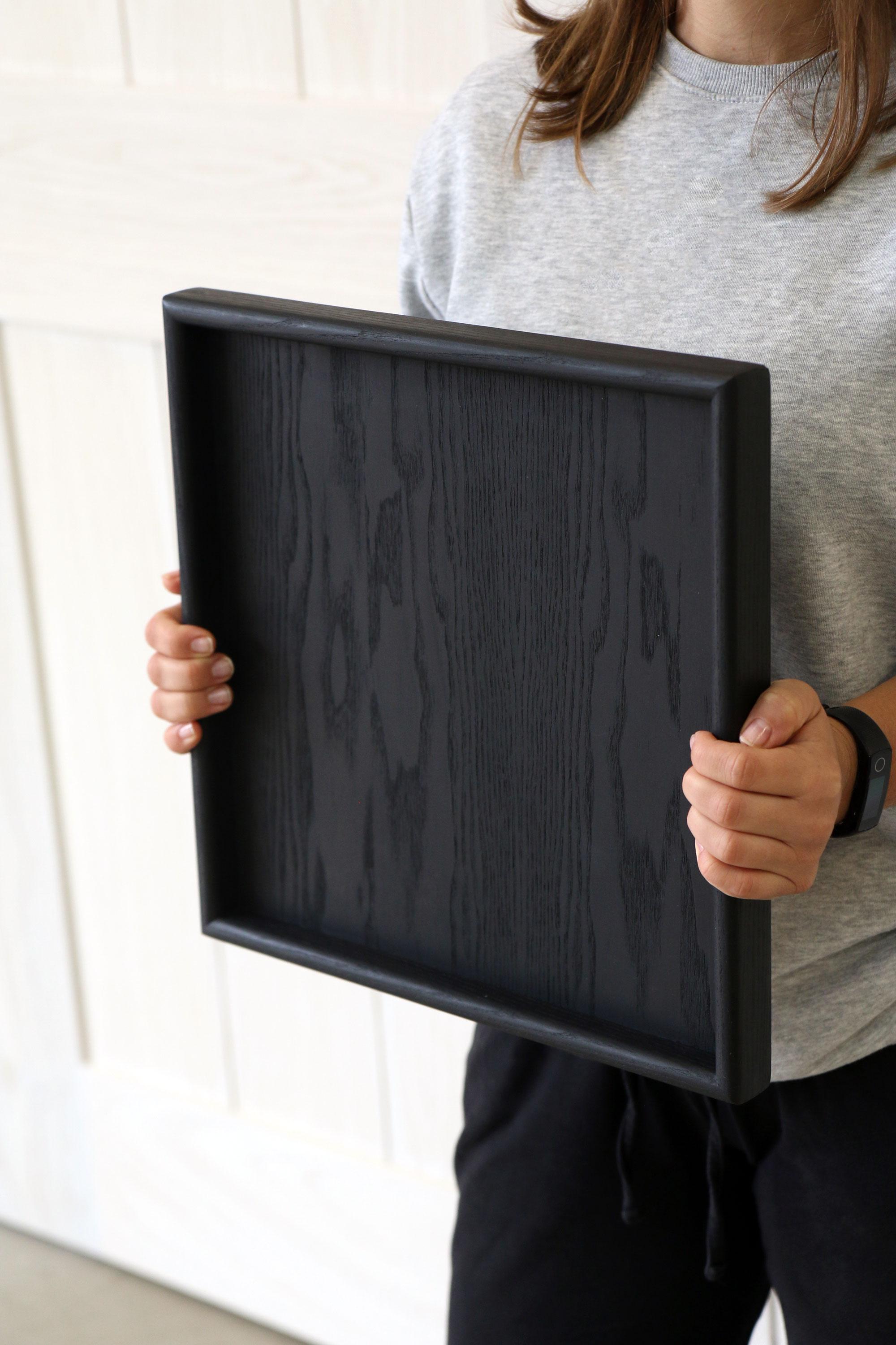 British Handmade Square Black Wooden Serving Tray For Sale