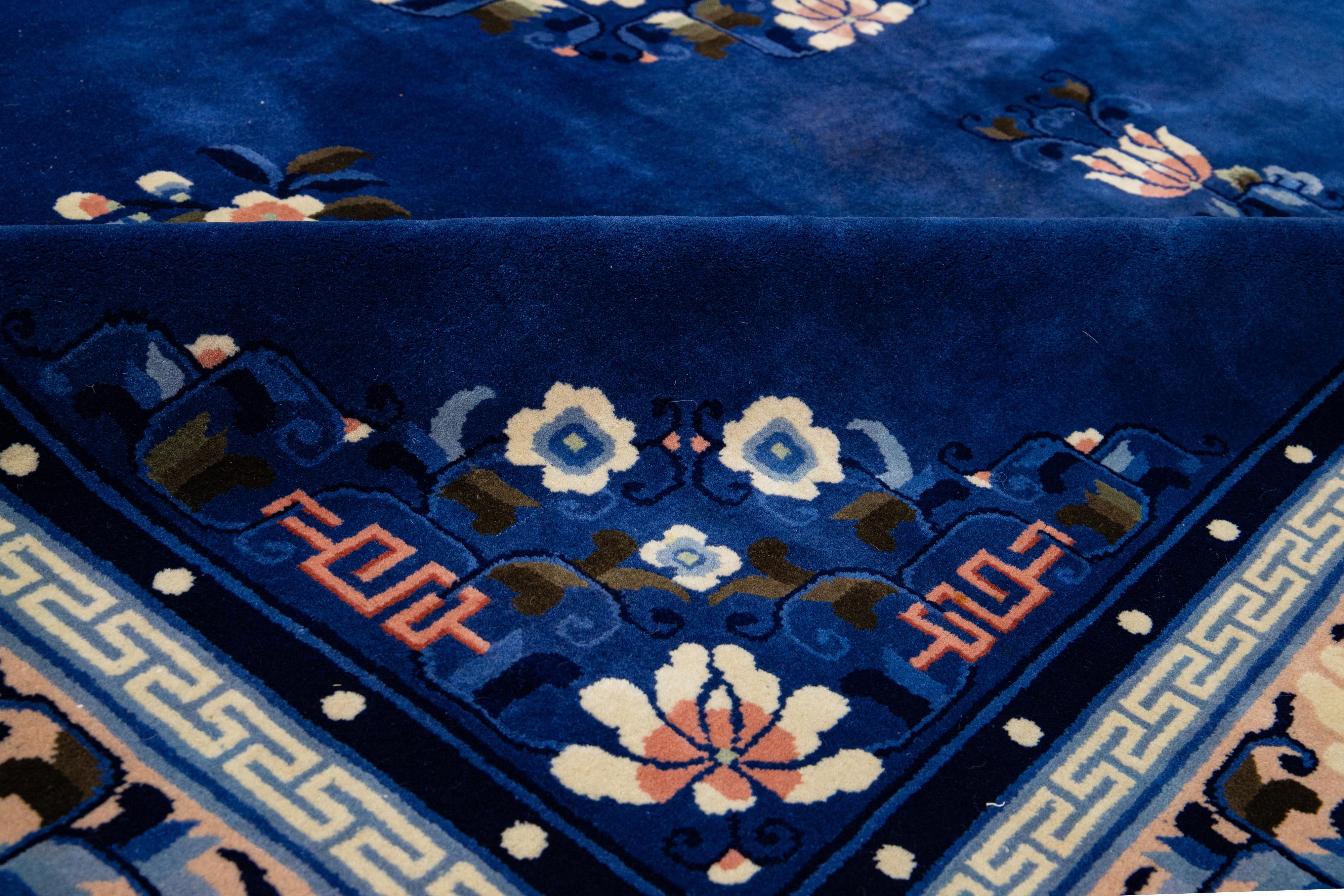 Handmade Square Blue Antique Wool Rug Designed Art Deco Fl For Sale 3