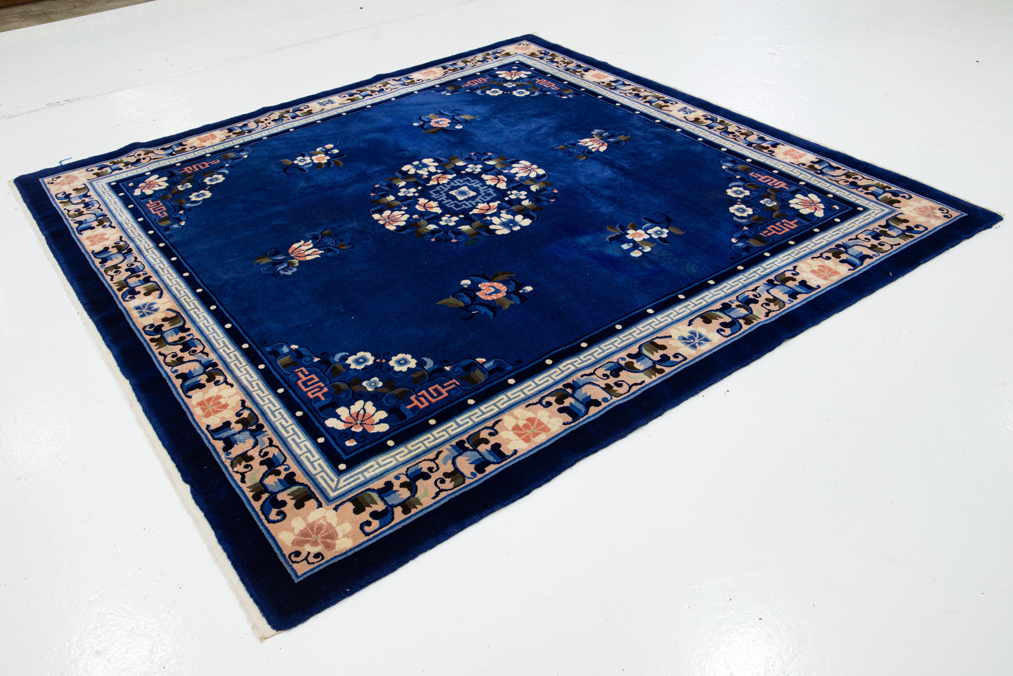 Hand-Knotted Handmade Square Blue Antique Wool Rug Designed Art Deco Fl For Sale