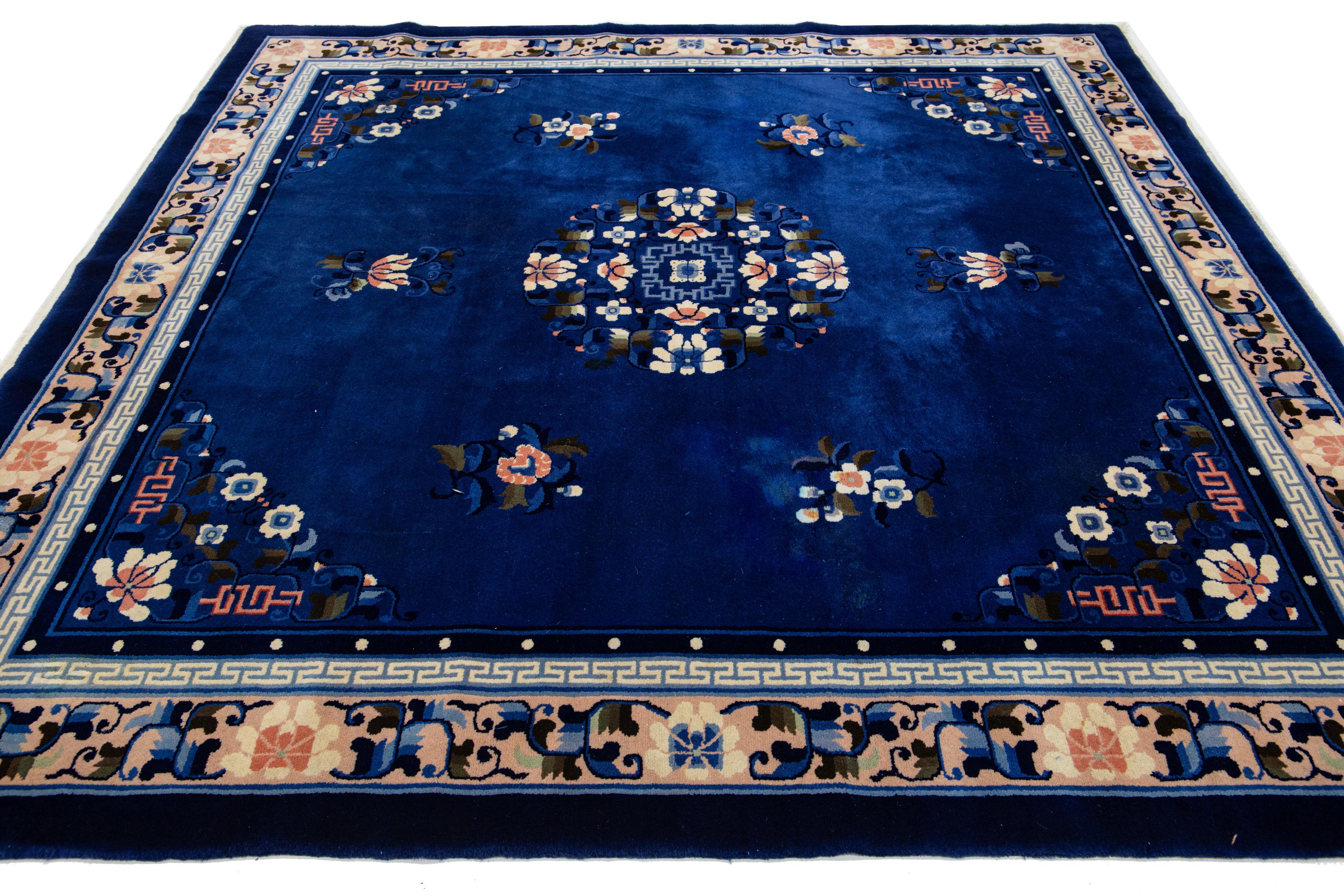 Handmade Square Blue Antique Wool Rug Designed Art Deco Fl In Excellent Condition For Sale In Norwalk, CT