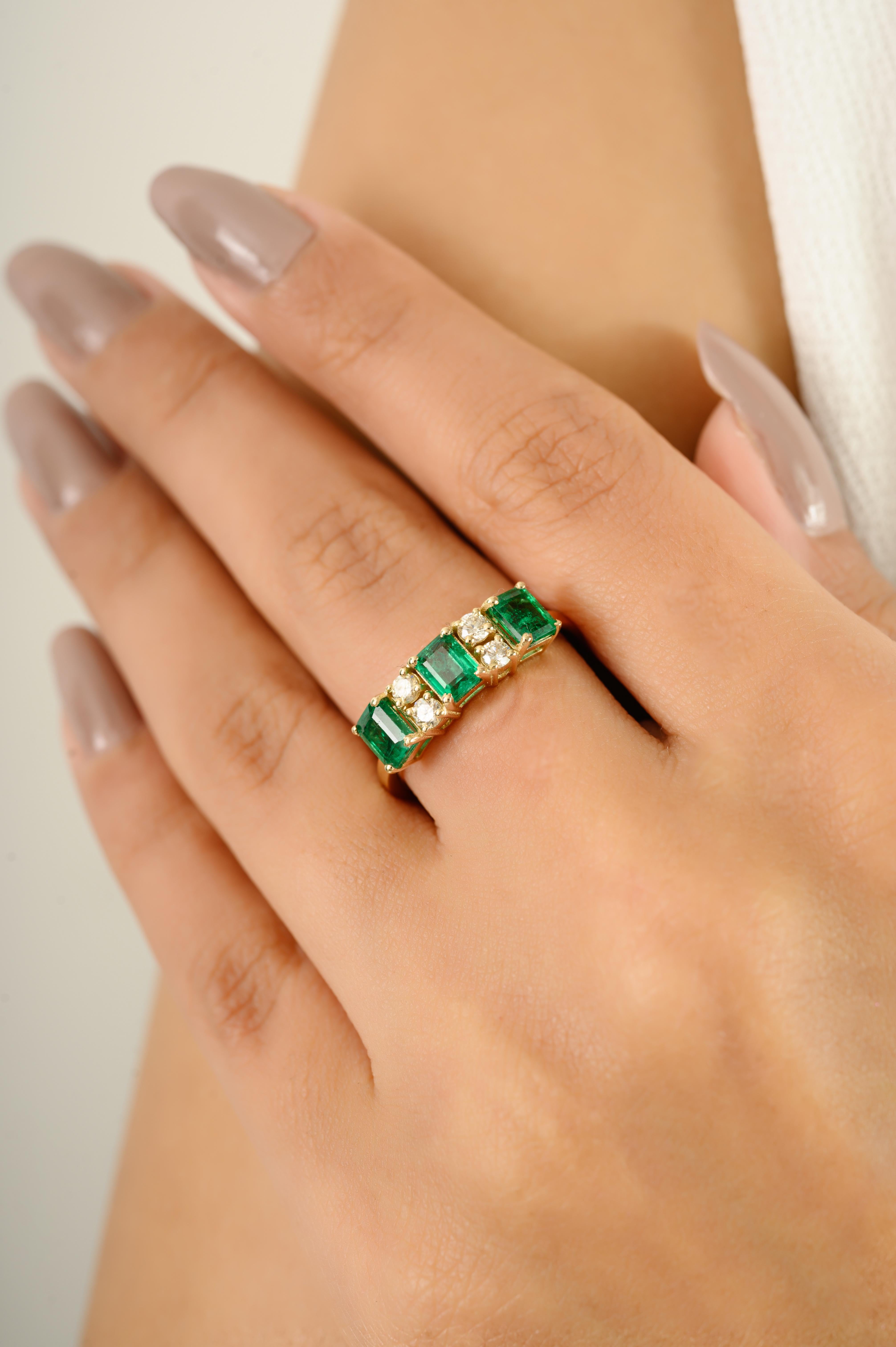 For Sale:  Handmade Square Cut Emerald and Diamond Half Eternity Band Ring 14k Yellow Gold 2