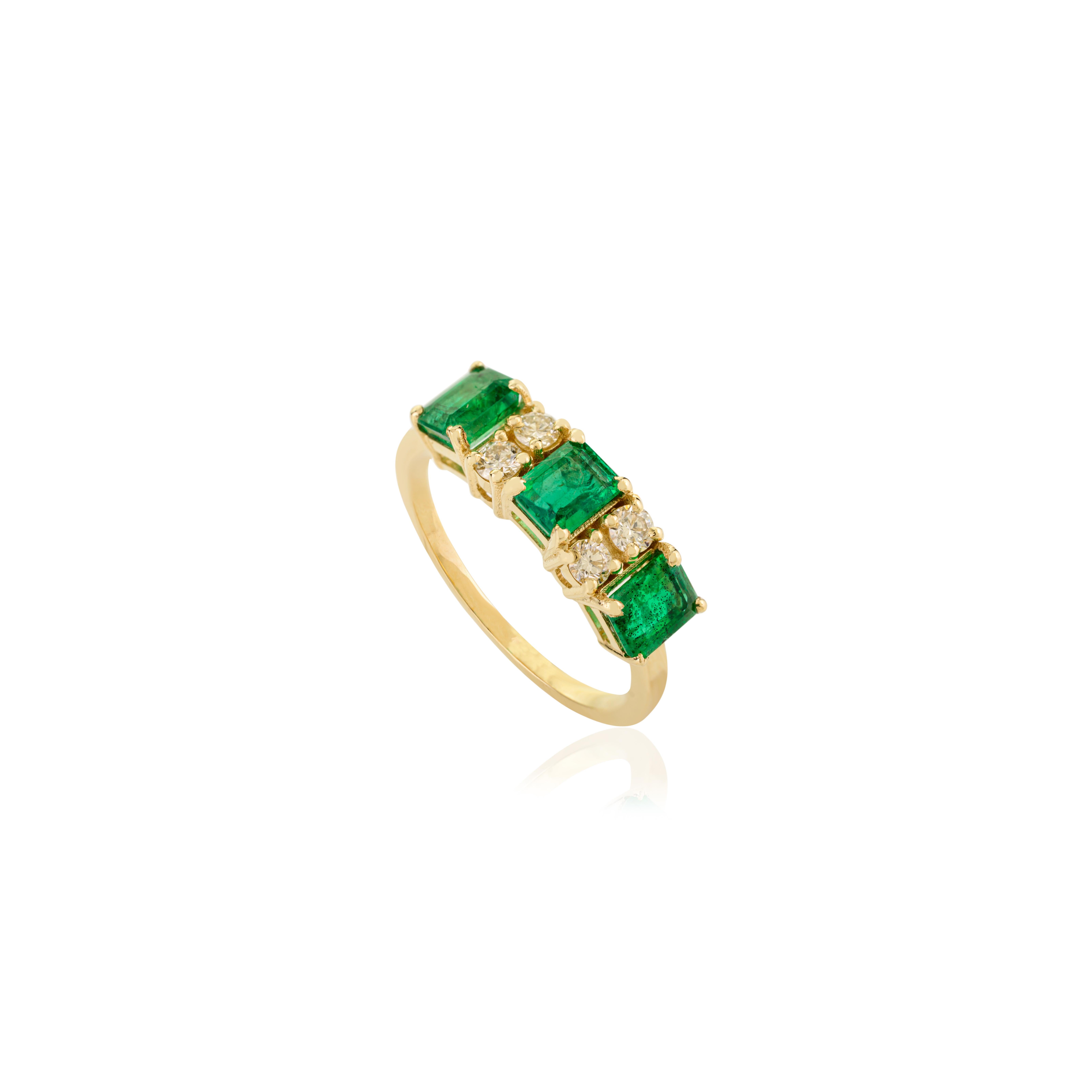 For Sale:  Handmade Square Cut Emerald and Diamond Half Eternity Band Ring 14k Yellow Gold 3