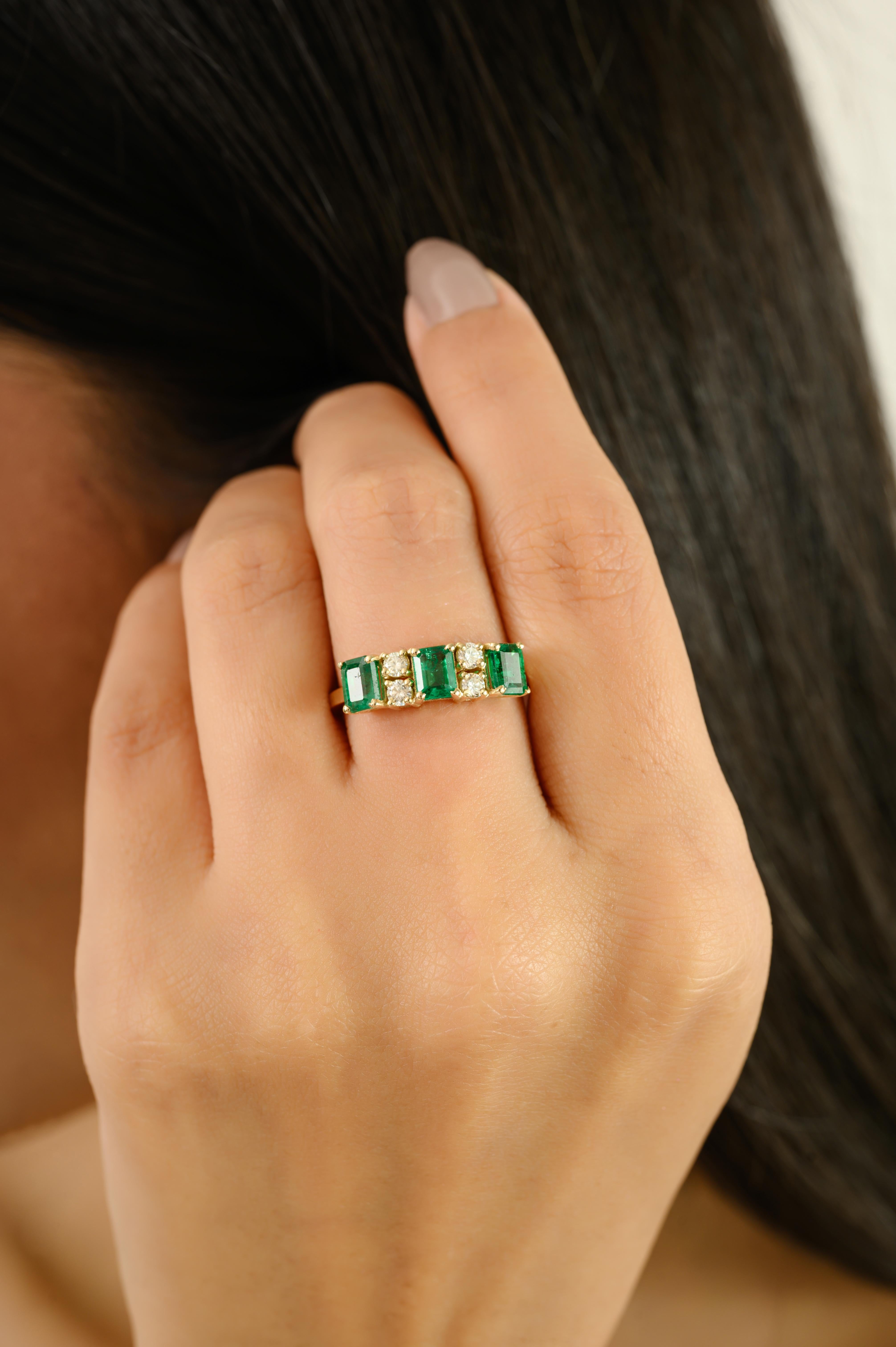 For Sale:  Handmade Square Cut Emerald and Diamond Half Eternity Band Ring 14k Yellow Gold 4
