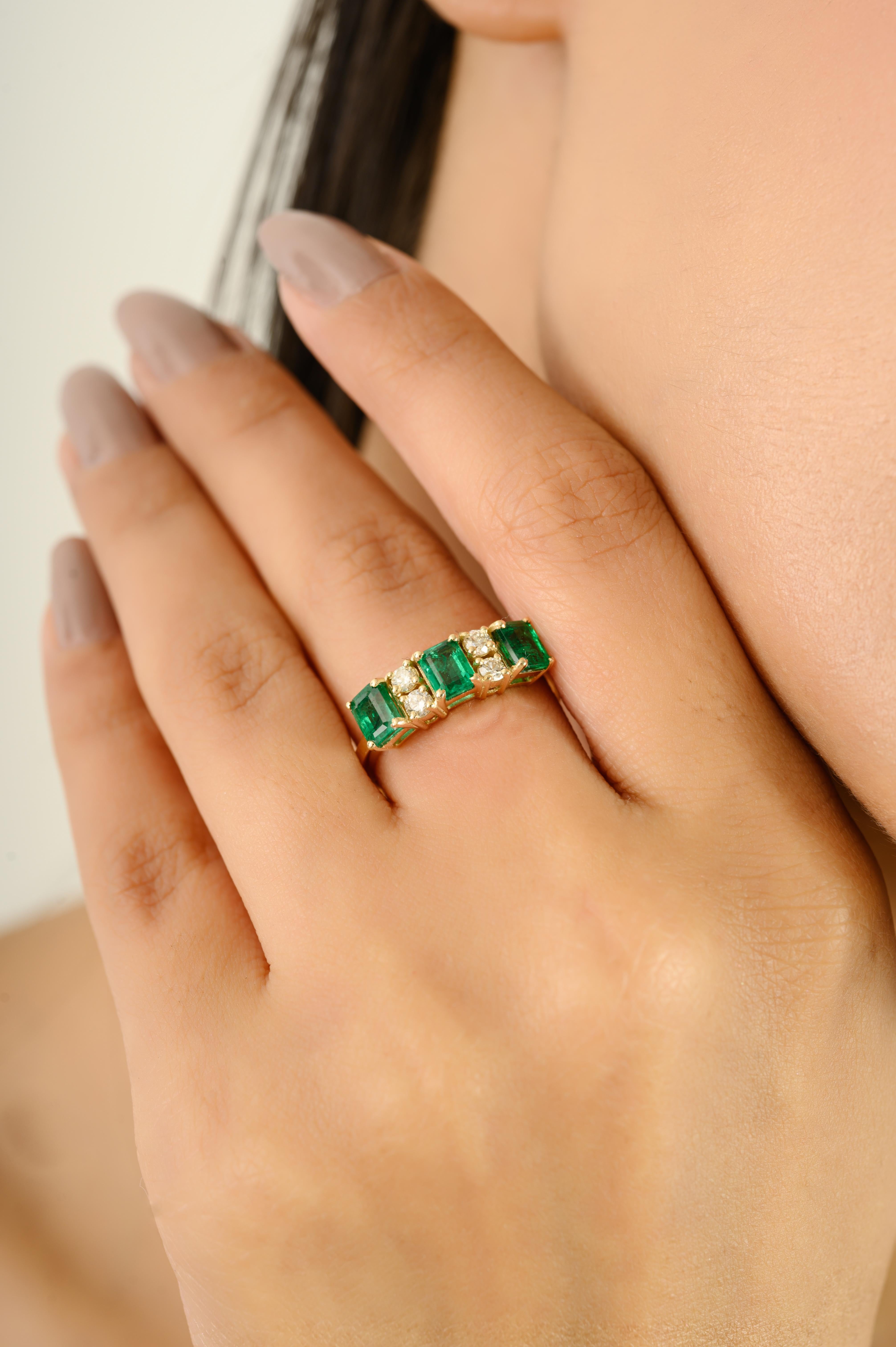 For Sale:  Handmade Square Cut Emerald and Diamond Half Eternity Band Ring 14k Yellow Gold 6