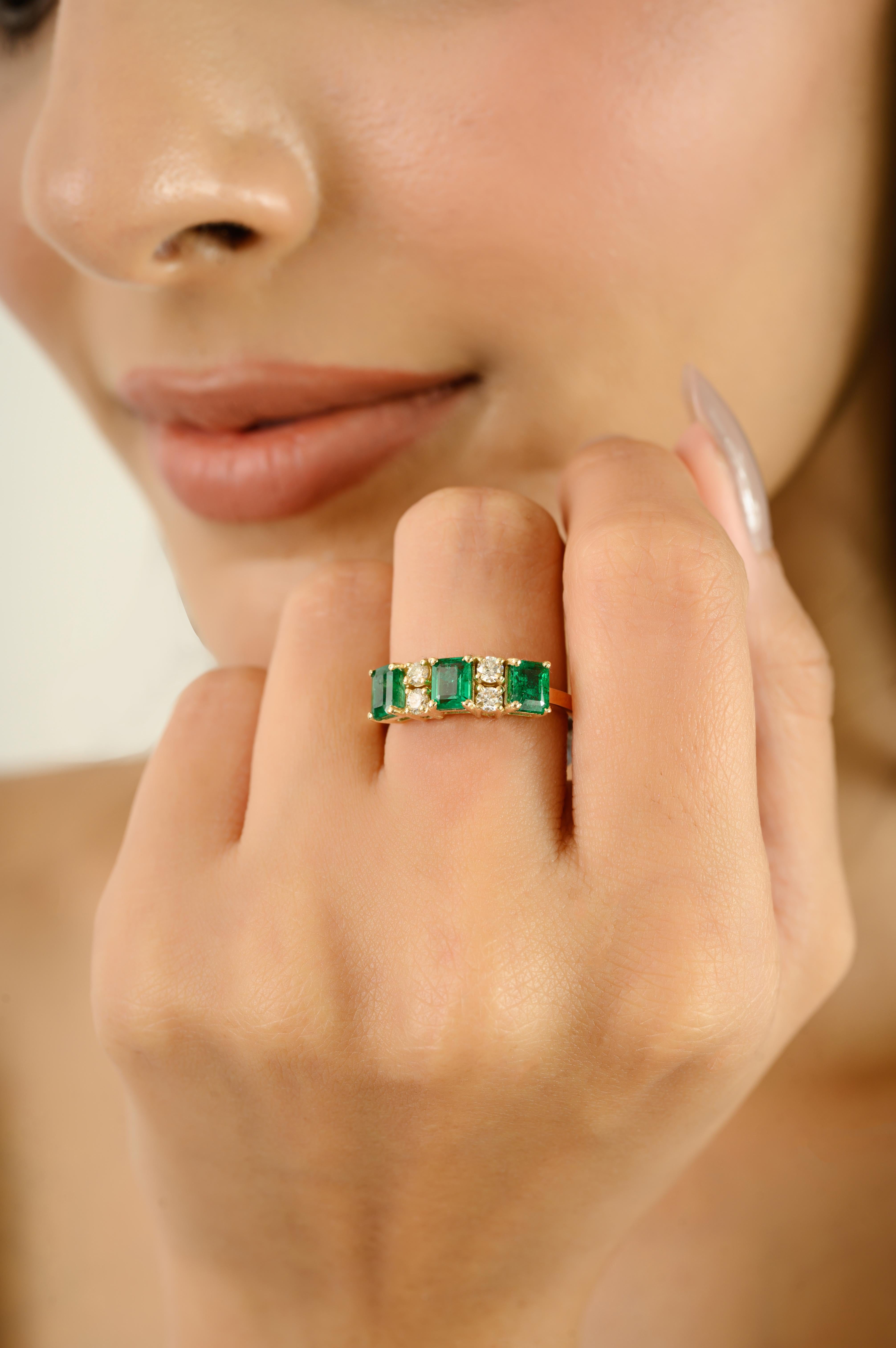 For Sale:  Handmade Square Cut Emerald and Diamond Half Eternity Band Ring 14k Yellow Gold 8