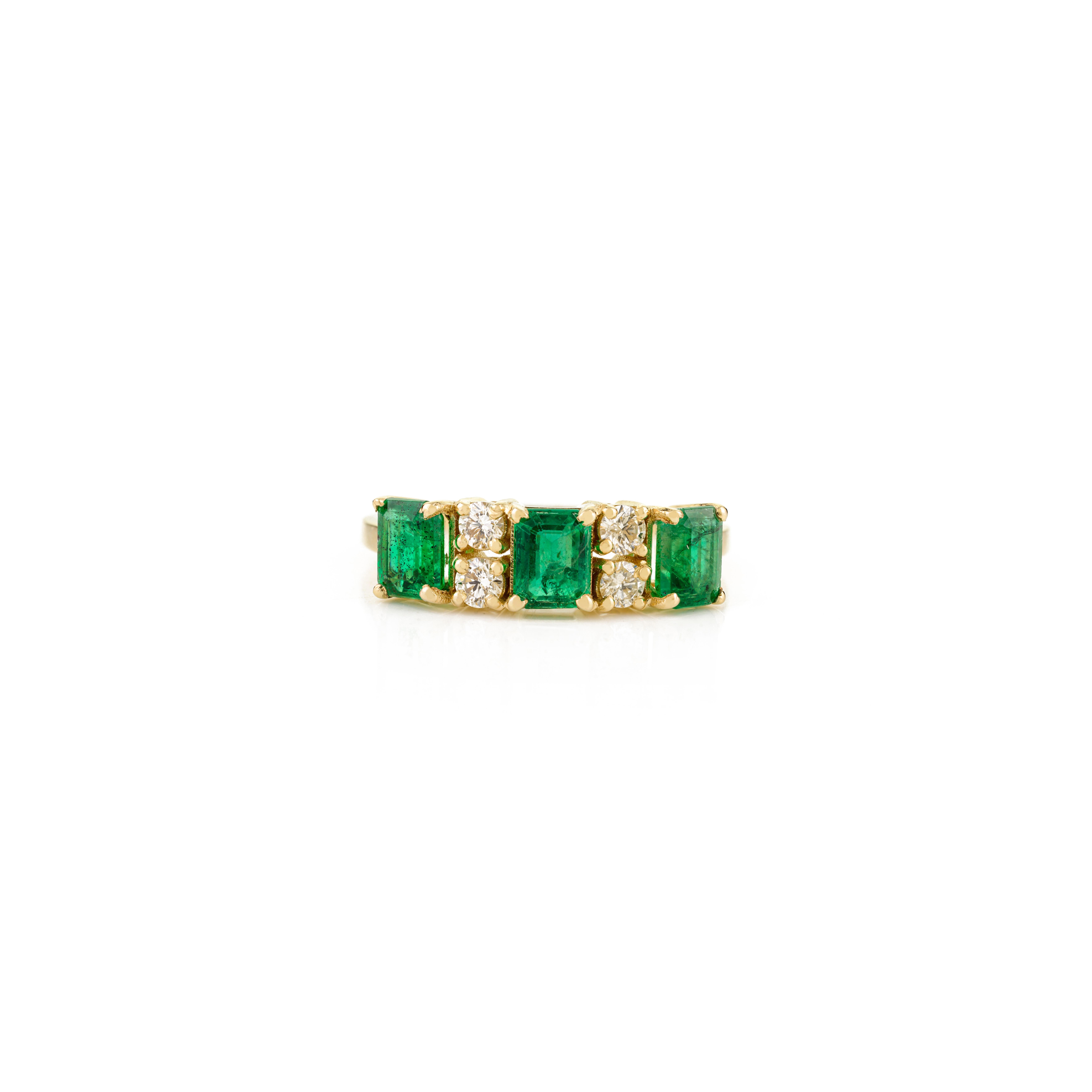 For Sale:  Handmade Square Cut Emerald and Diamond Half Eternity Band Ring 14k Yellow Gold 9