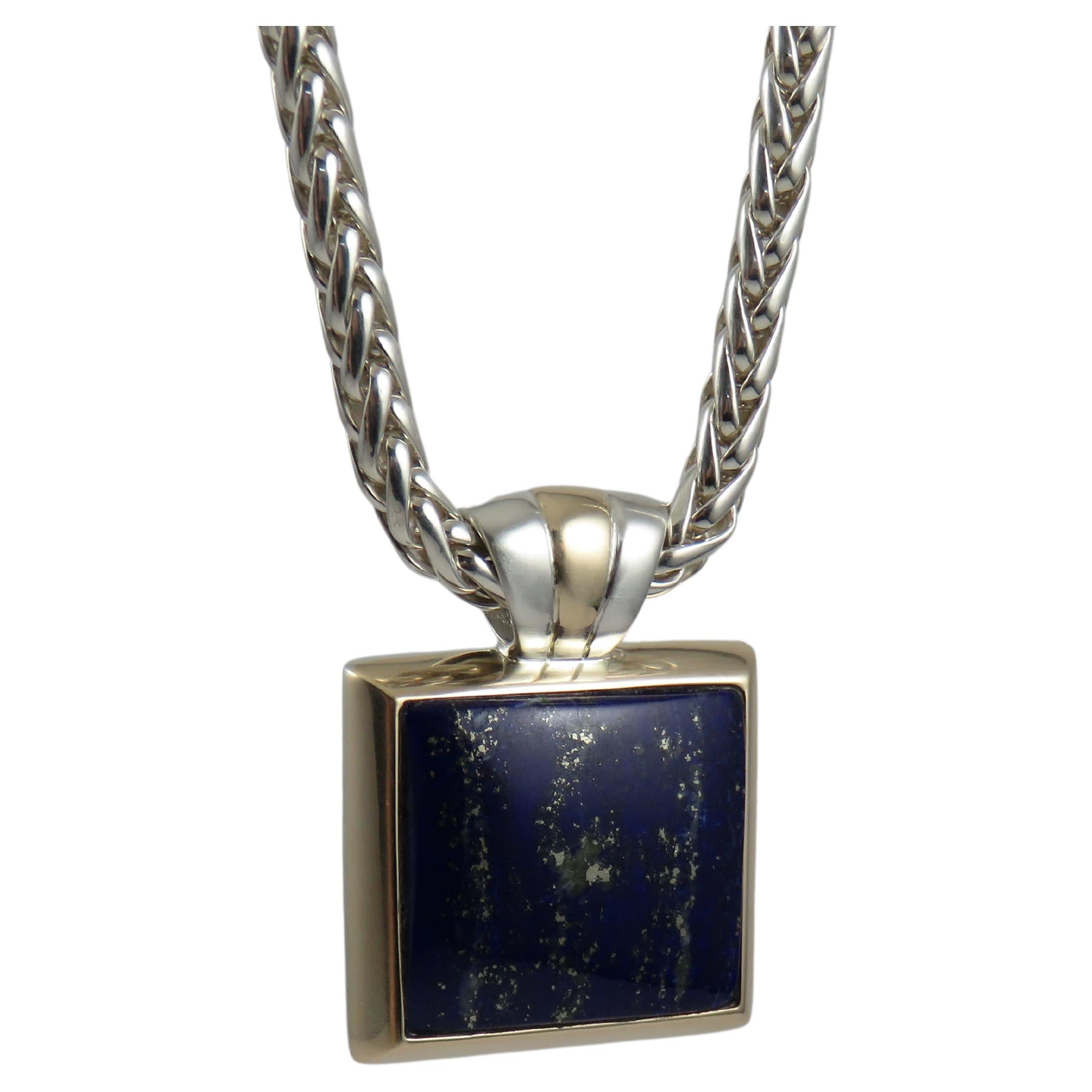 Handmade Square Lapis Lazuli 9k Yellow Gold and Sterling Silver Pendant For Sale
