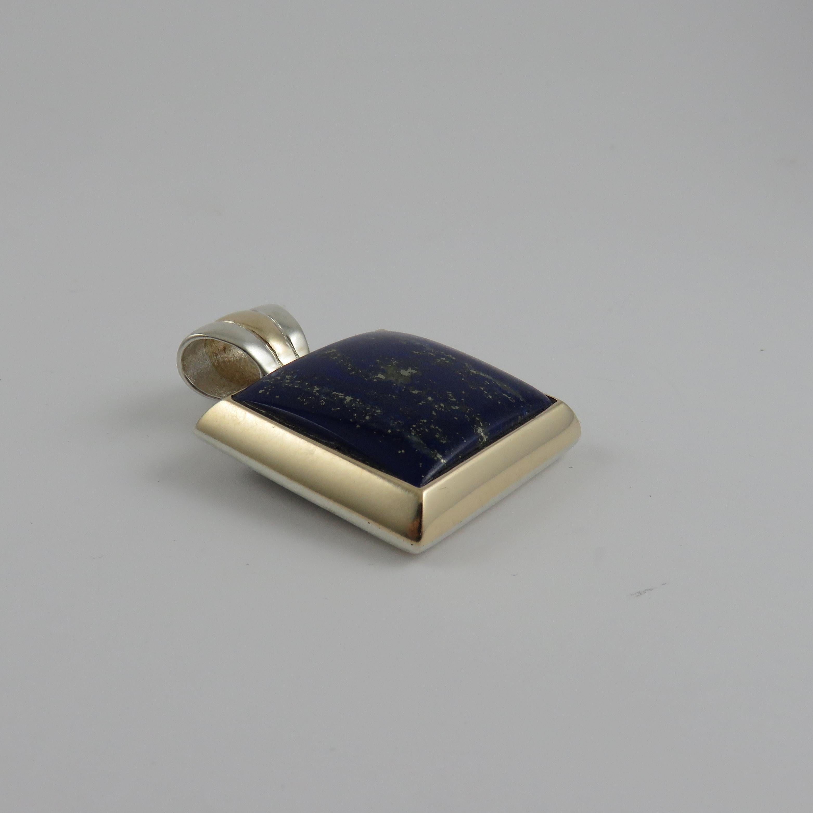 Cushion Cut Handmade Square Lapis Lazuli 9k Yellow Gold and Sterling Silver Pendant For Sale