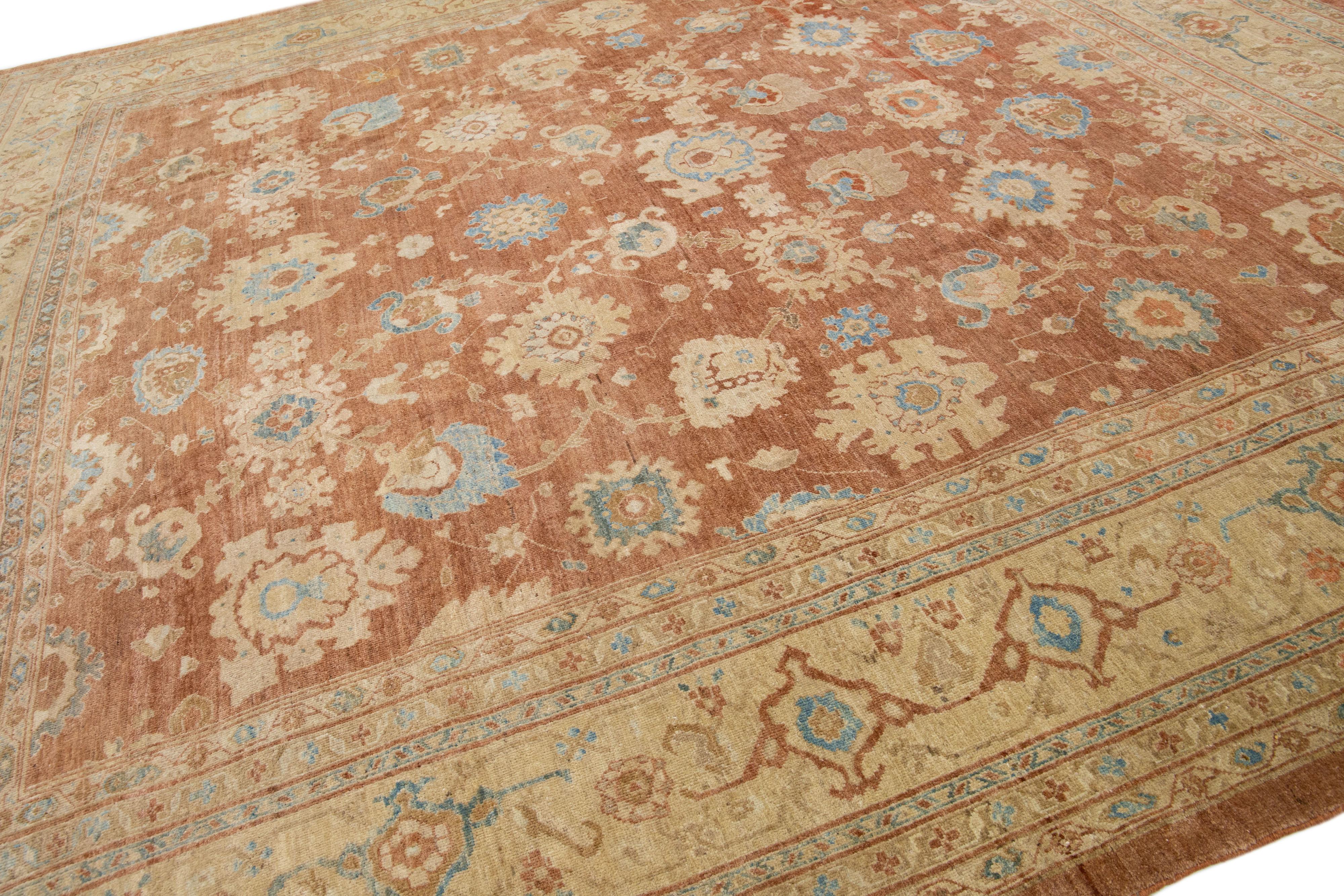 Hand-Knotted Handmade Square Modern Sultanabad Wool Rug In Brown With Floral Motif For Sale
