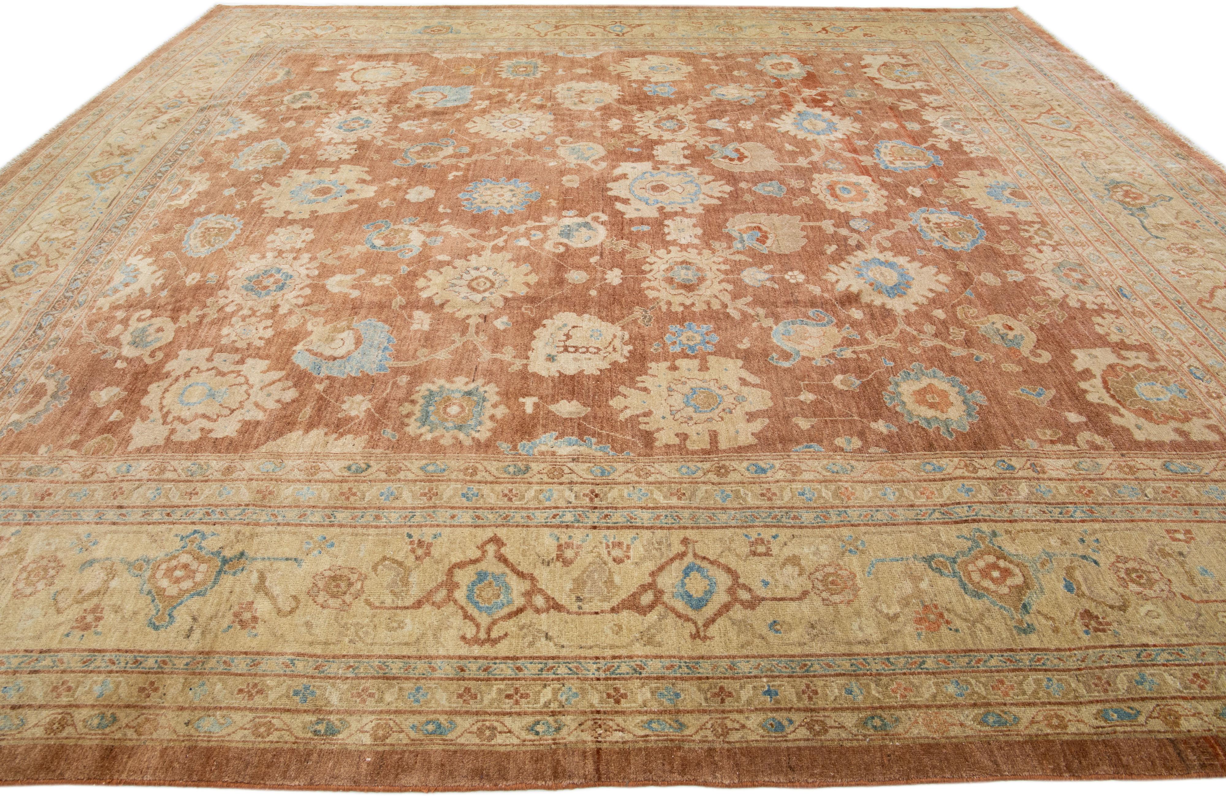 Contemporary Handmade Square Modern Sultanabad Wool Rug In Brown With Floral Motif For Sale