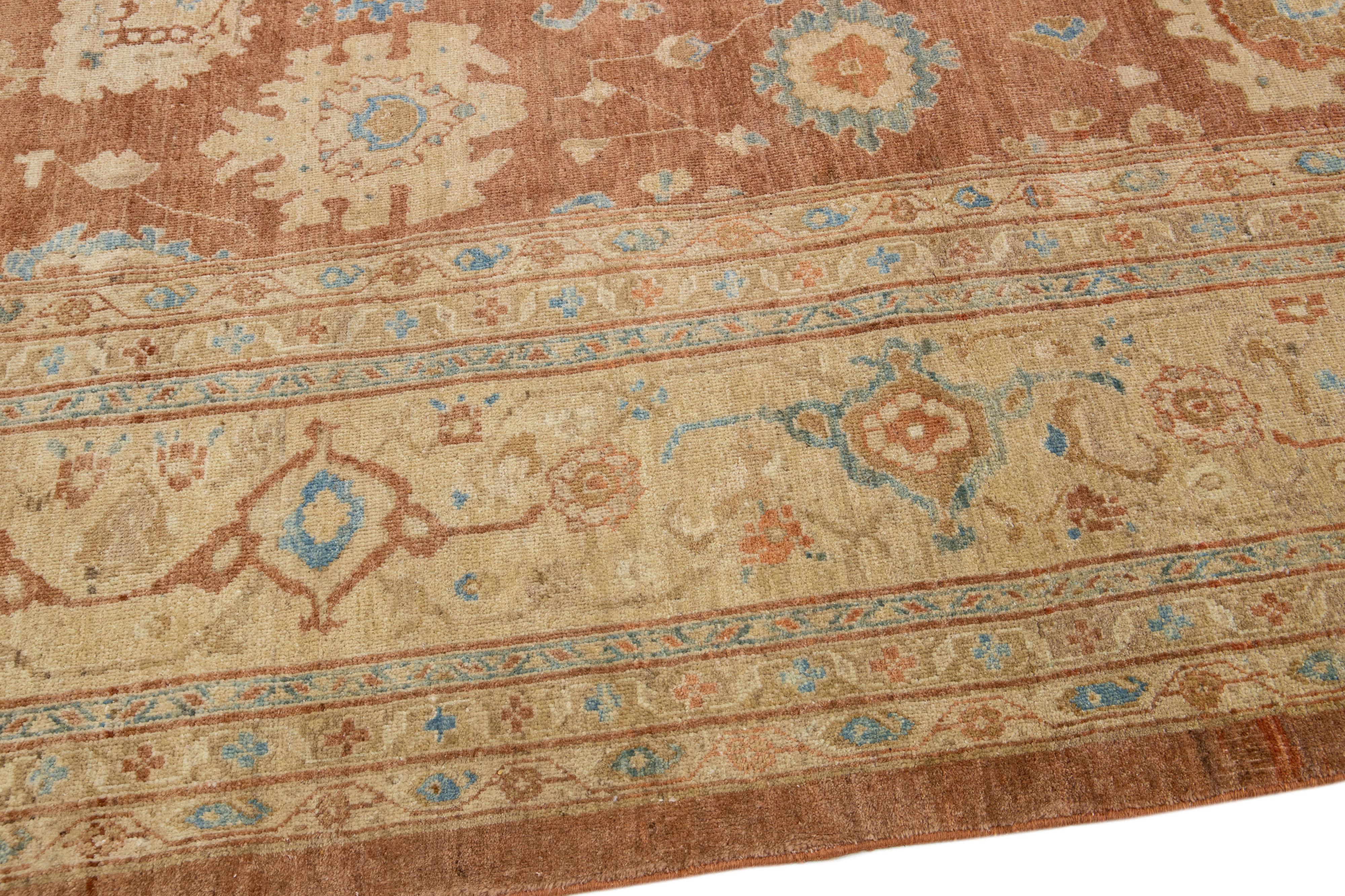 Laine Tapis carré en laine de Sultanabad, fait à la main, de forme carrée et moderne, à motif floral, de couleur Brown en vente
