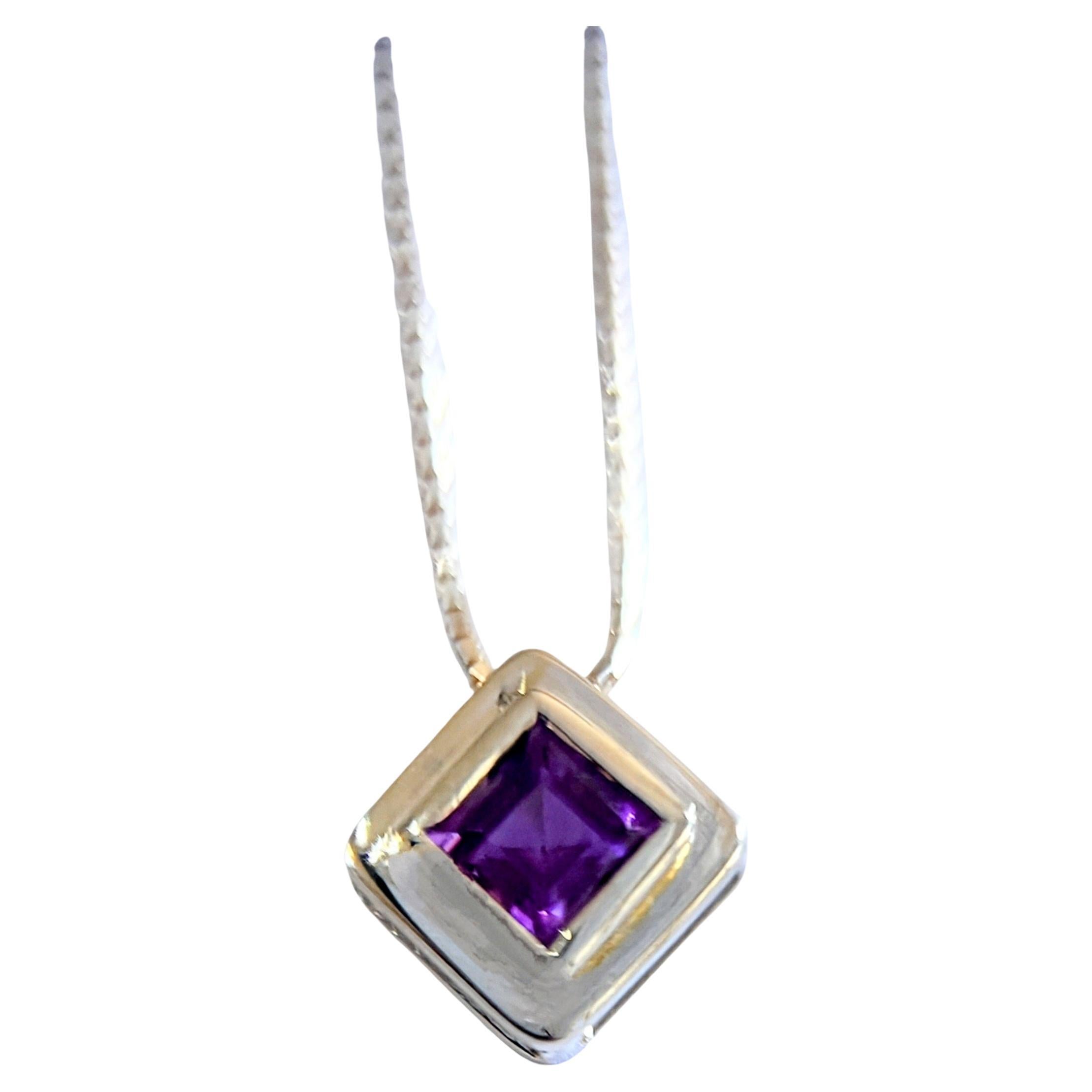 Handmade Square Natural Amethyst Necklace Pendant