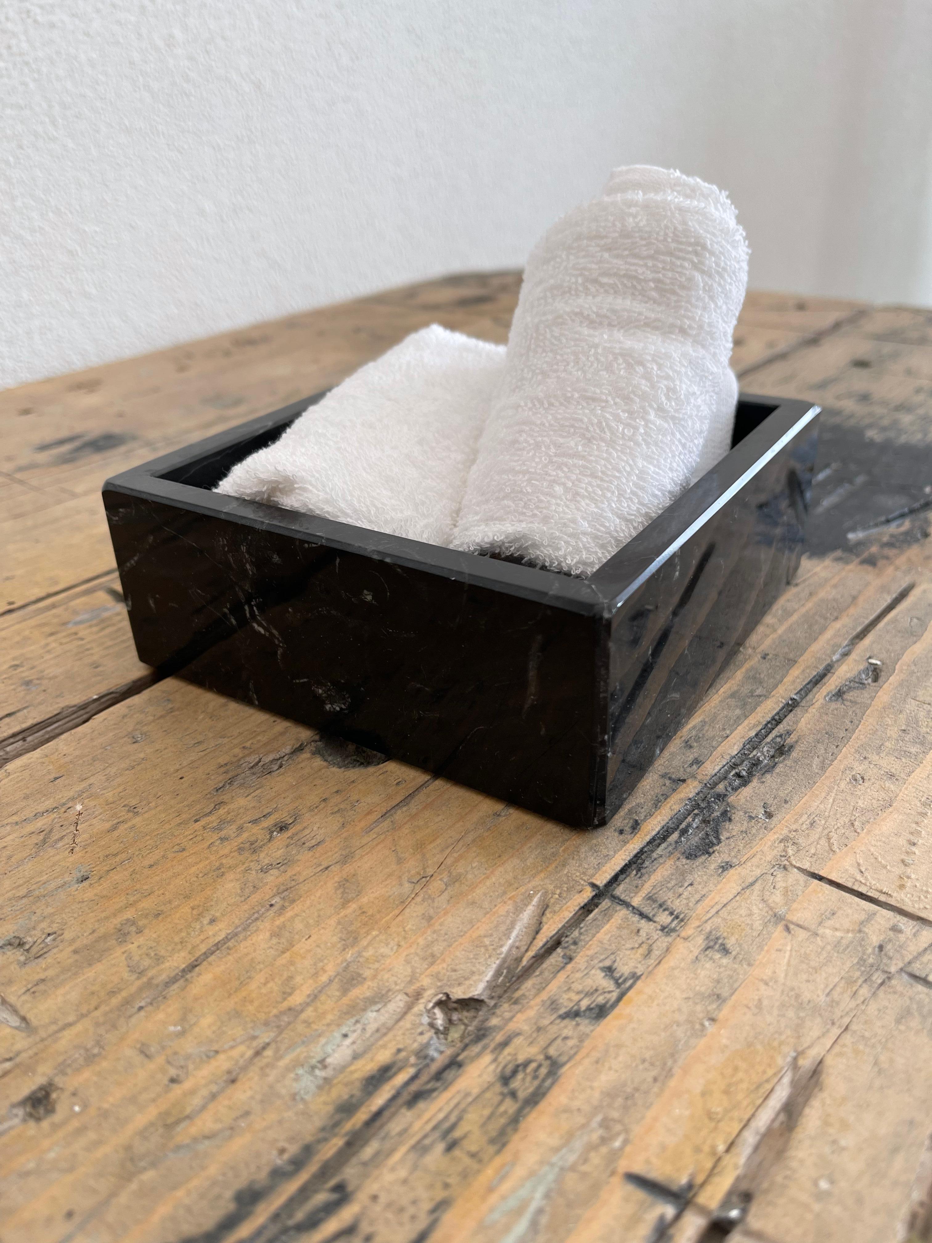 Handmade Squared Black Marquina Marble Guest Towel Tray For Sale 2