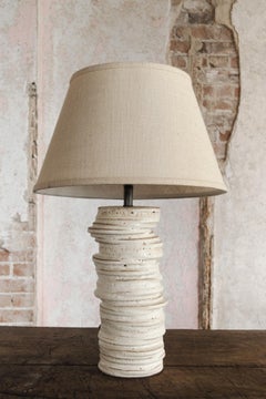 Handmade Stacked Ceramic Table Lamp in Sand Lava Glaze with Linen Shade