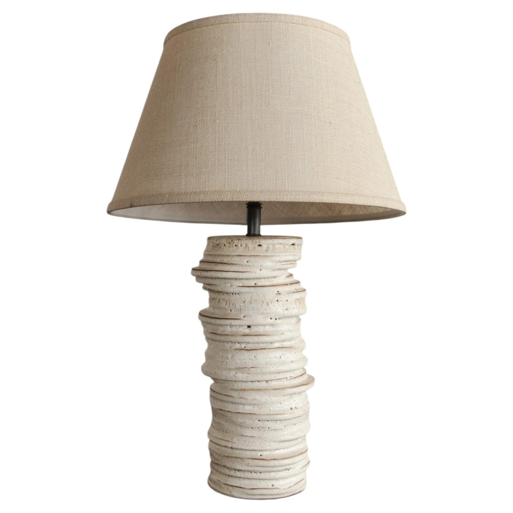 Handmade Stacked Ceramic Table Lamp in Sand Lava Glaze with Linen Shade For Sale