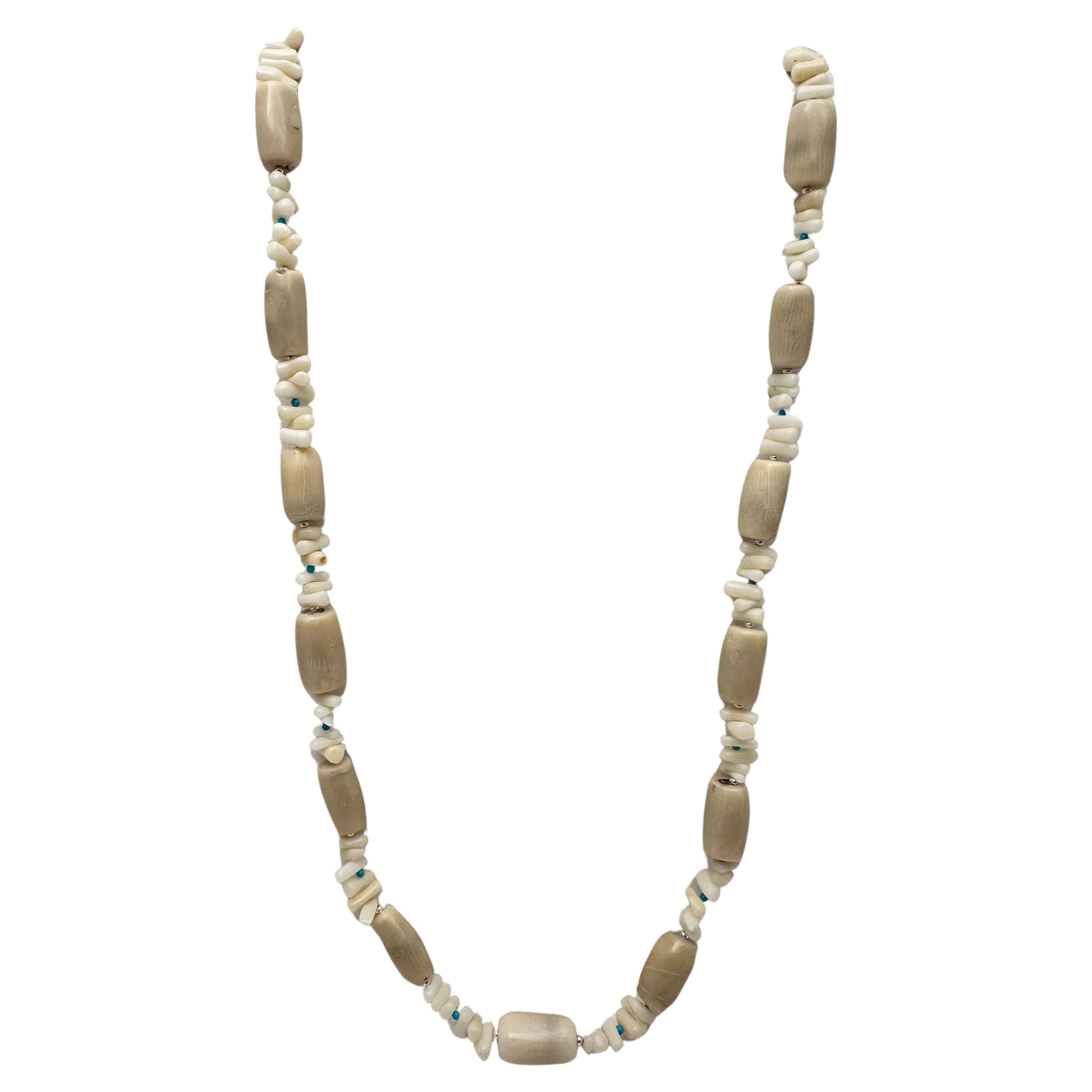 Handmade ~ Sterling Silver .925 Beige Barrel Coral Turquoise Beaded 35" Necklace For Sale