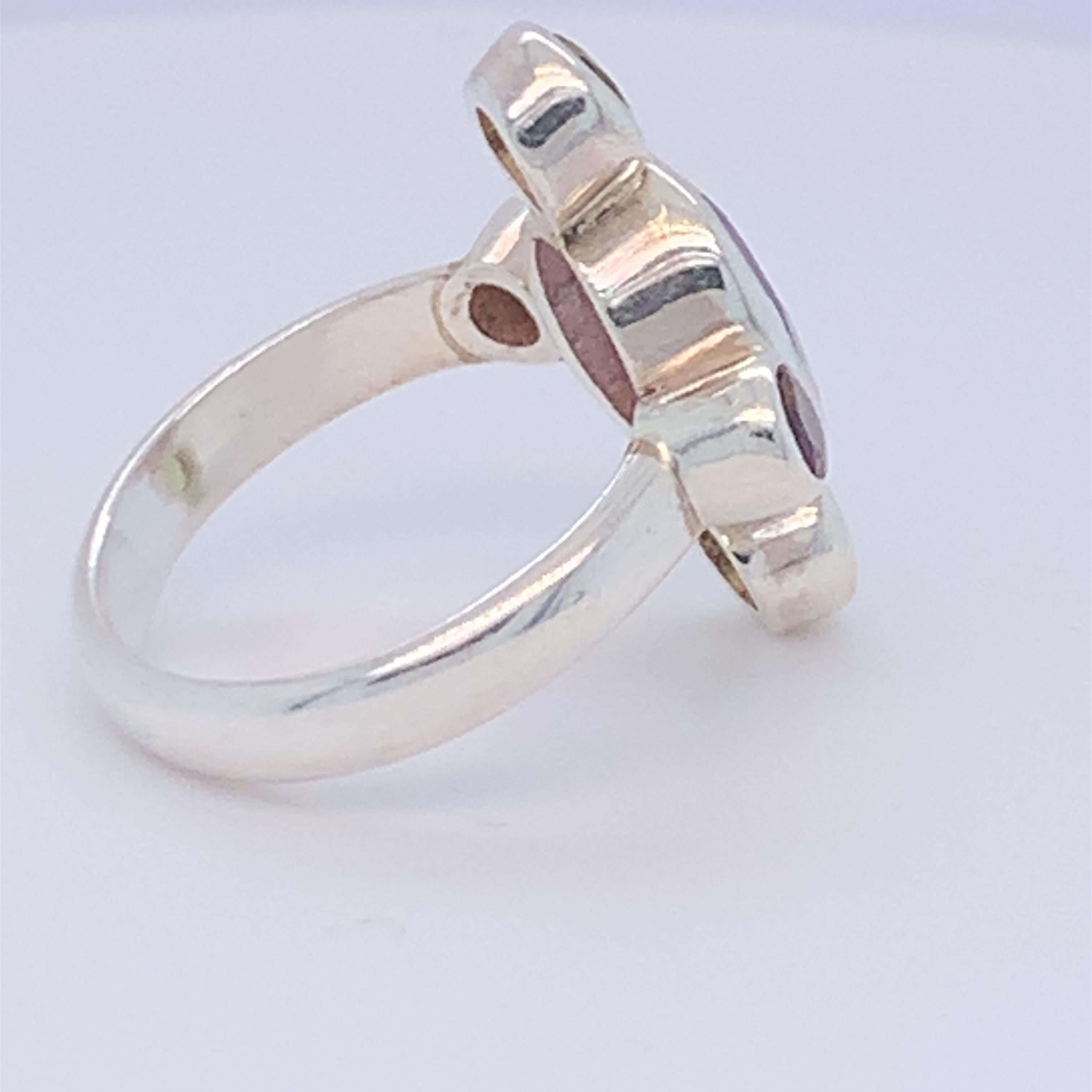 Handmade Sterling Silver Amethyst Peridot Garnet Ring For Sale 5