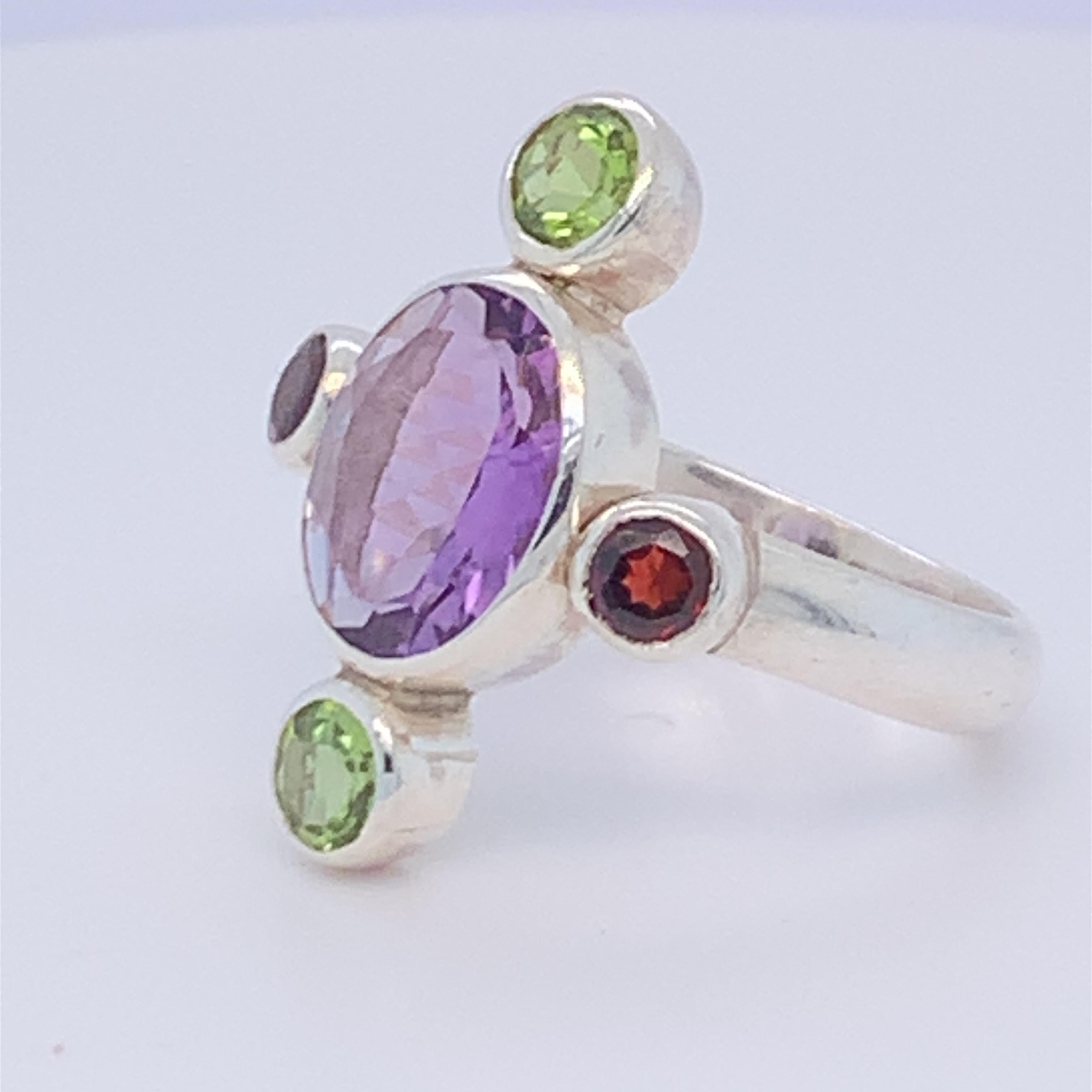 Handmade Sterling Silver Amethyst Peridot Garnet Ring For Sale 9