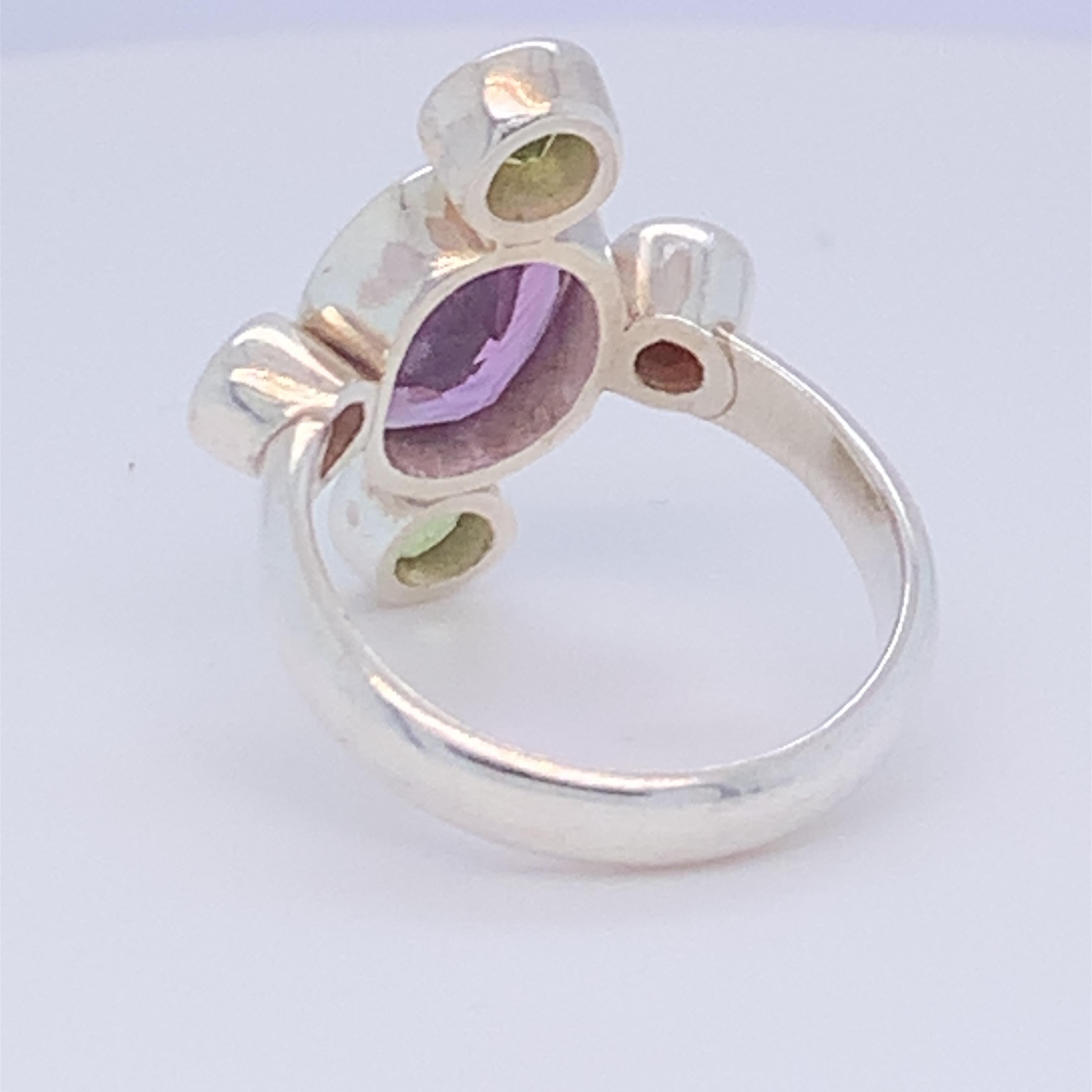 Handmade Sterling Silver Amethyst Peridot Garnet Ring In New Condition For Sale In Trumbull, CT