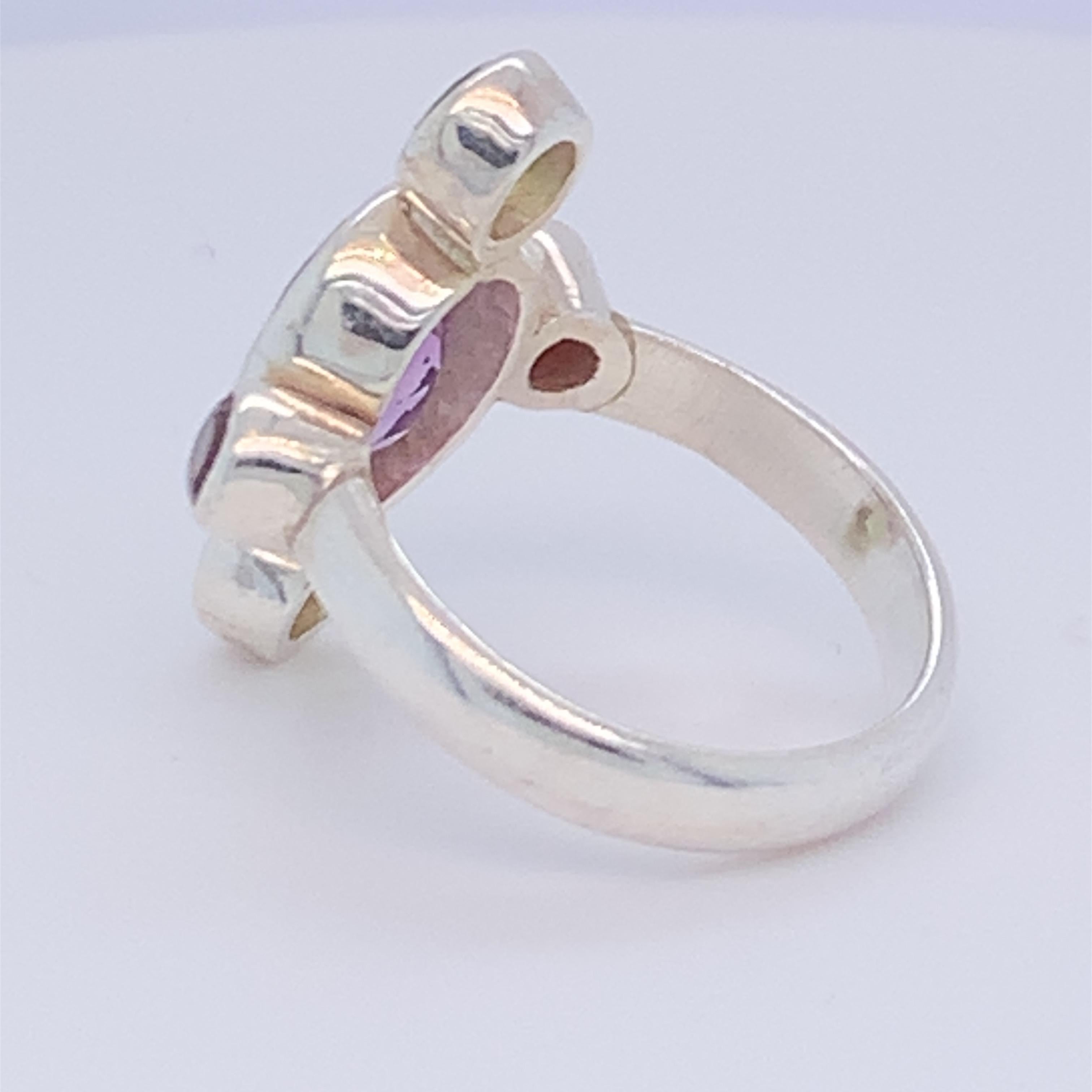 Handmade Sterling Silver Amethyst Peridot Garnet Ring For Sale 2