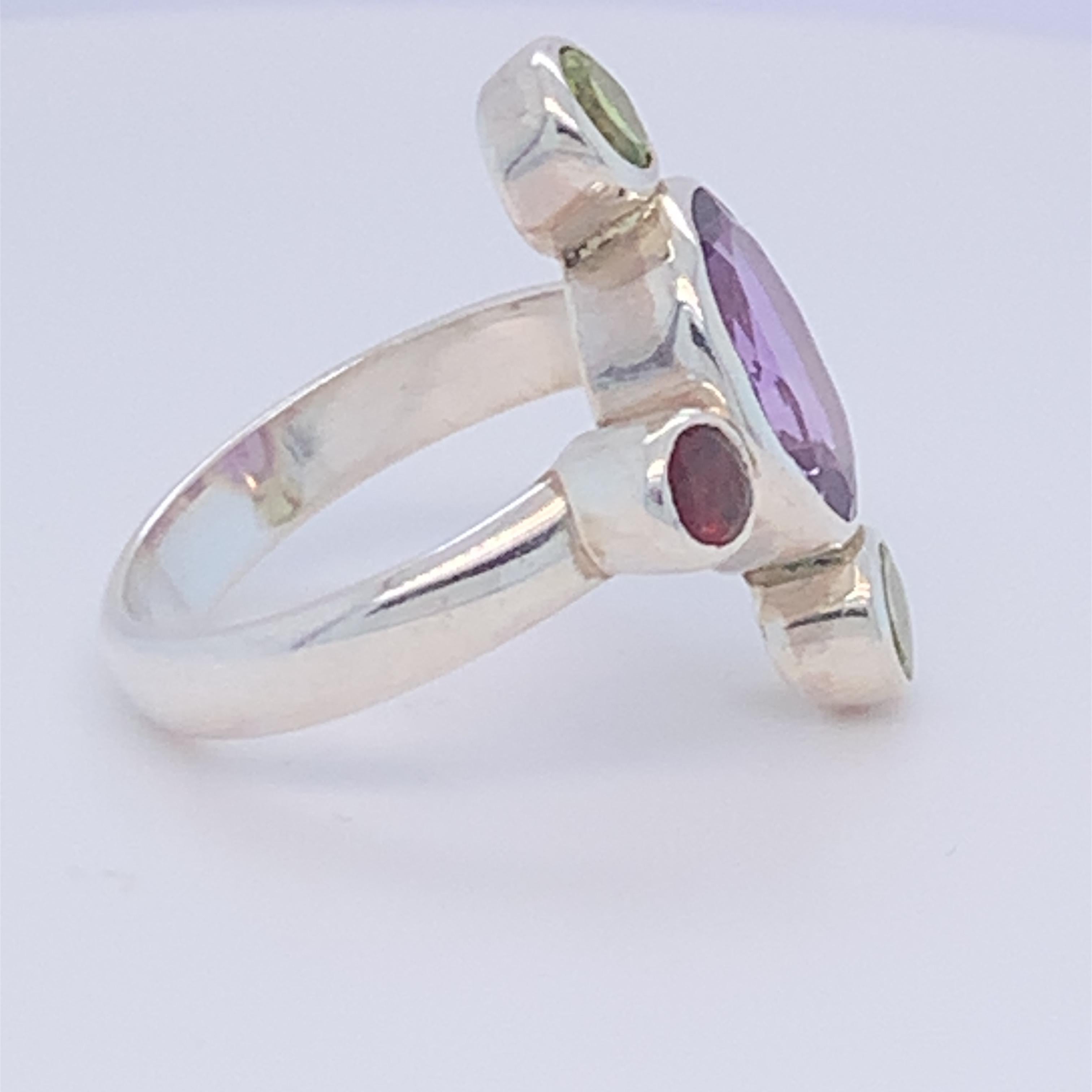 Handmade Sterling Silver Amethyst Peridot Garnet Ring For Sale 3