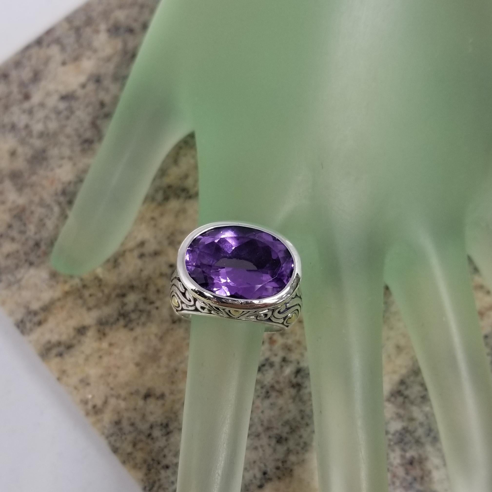 Oval Cut Handmade Sterling Silver and 18k accents Bezel set Amethyst  Ring For Sale