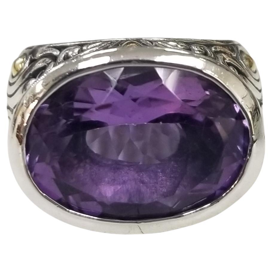 Handmade Sterling Silver and 18k accents Bezel set Amethyst  Ring For Sale