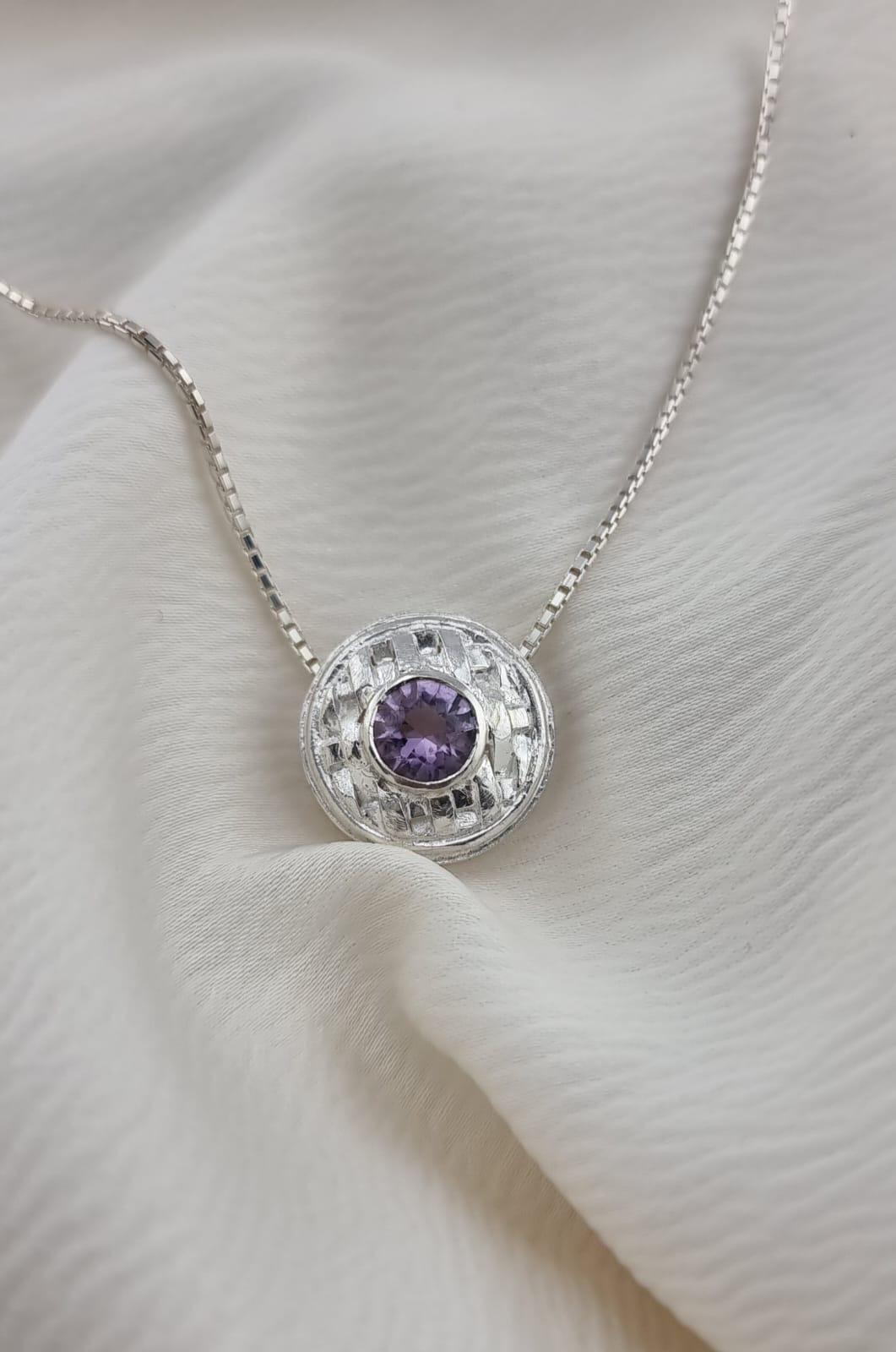 Artist Handmade Sterling Silver Basket Weave Pendant Necklace with 4mm Amethyst For Sale