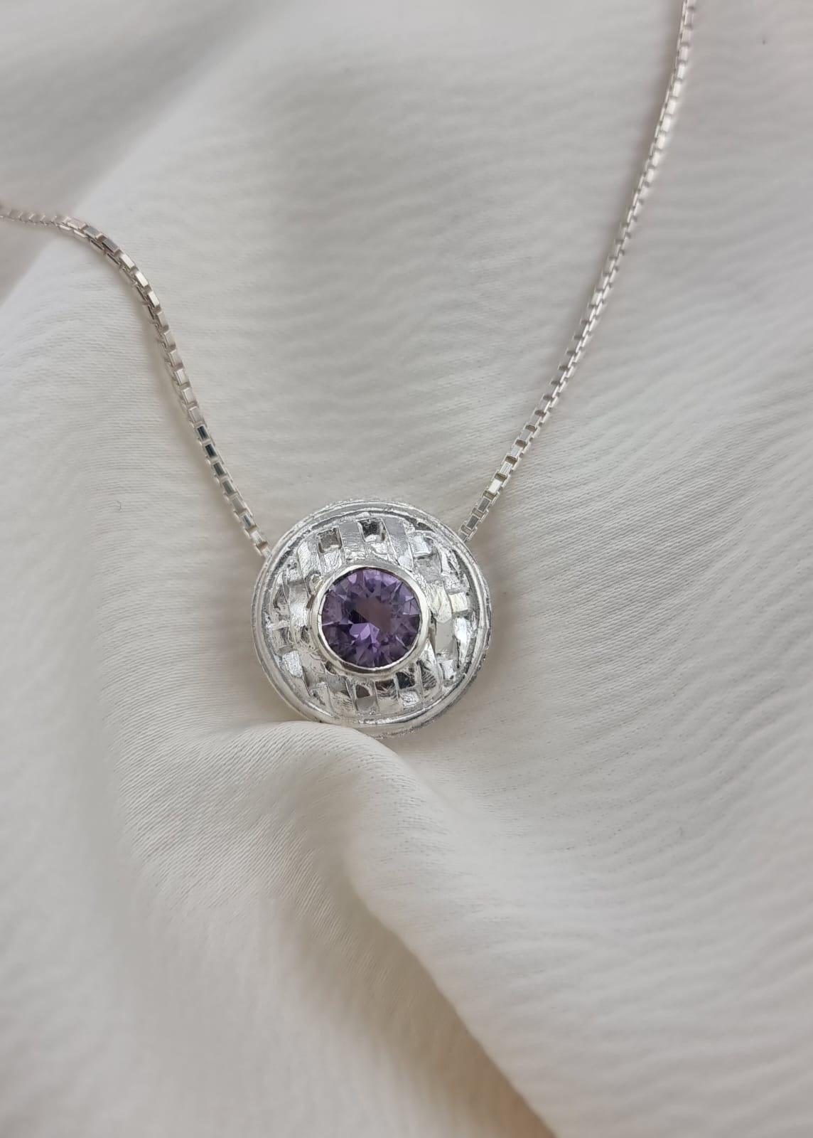 Round Cut Handmade Sterling Silver Basket Weave Pendant Necklace with 4mm Amethyst For Sale