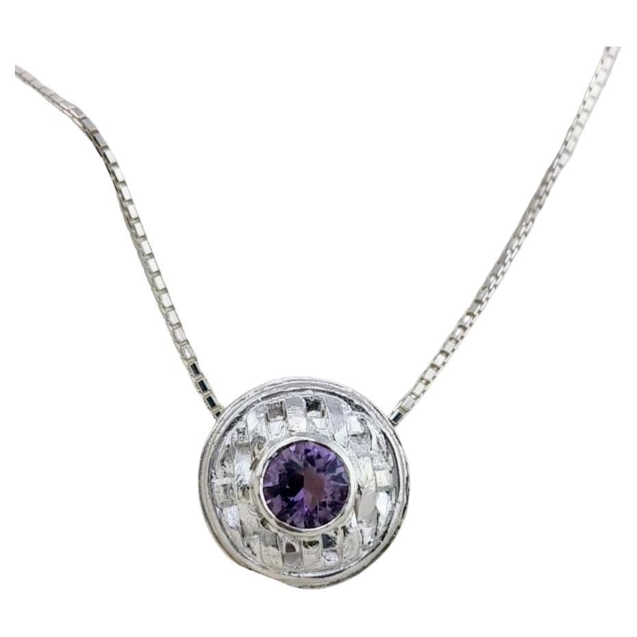 Handmade Sterling Silver Basket Weave Pendant Necklace with 4mm Amethyst For Sale