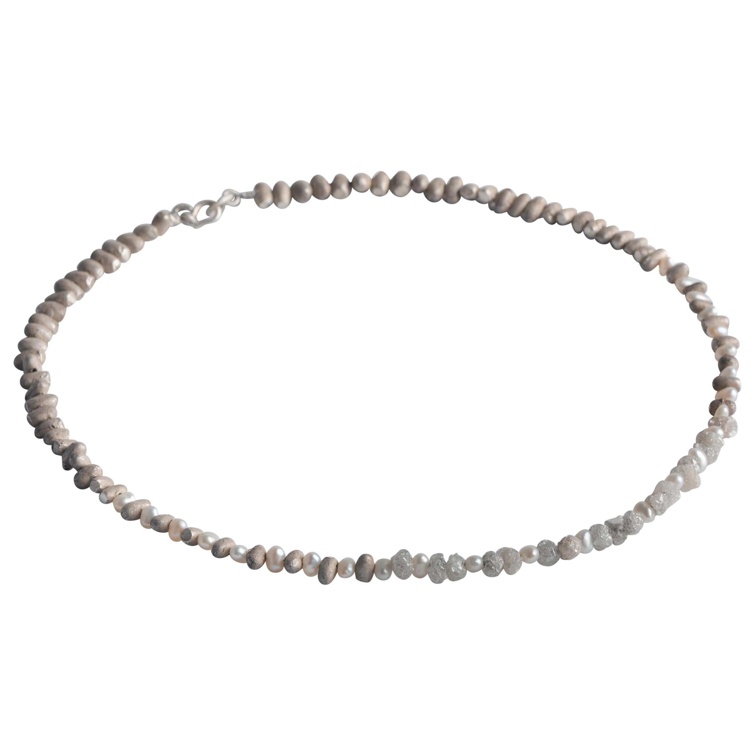 Handmade Sterling Silver Bead, Pearl and Diamond Choker / Bracelet by Embirikos For Sale