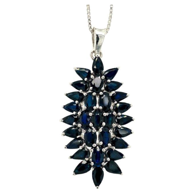 Handmade Sterling Silver Blue Sapphire Cluster Floral Pendant Necklace For Sale