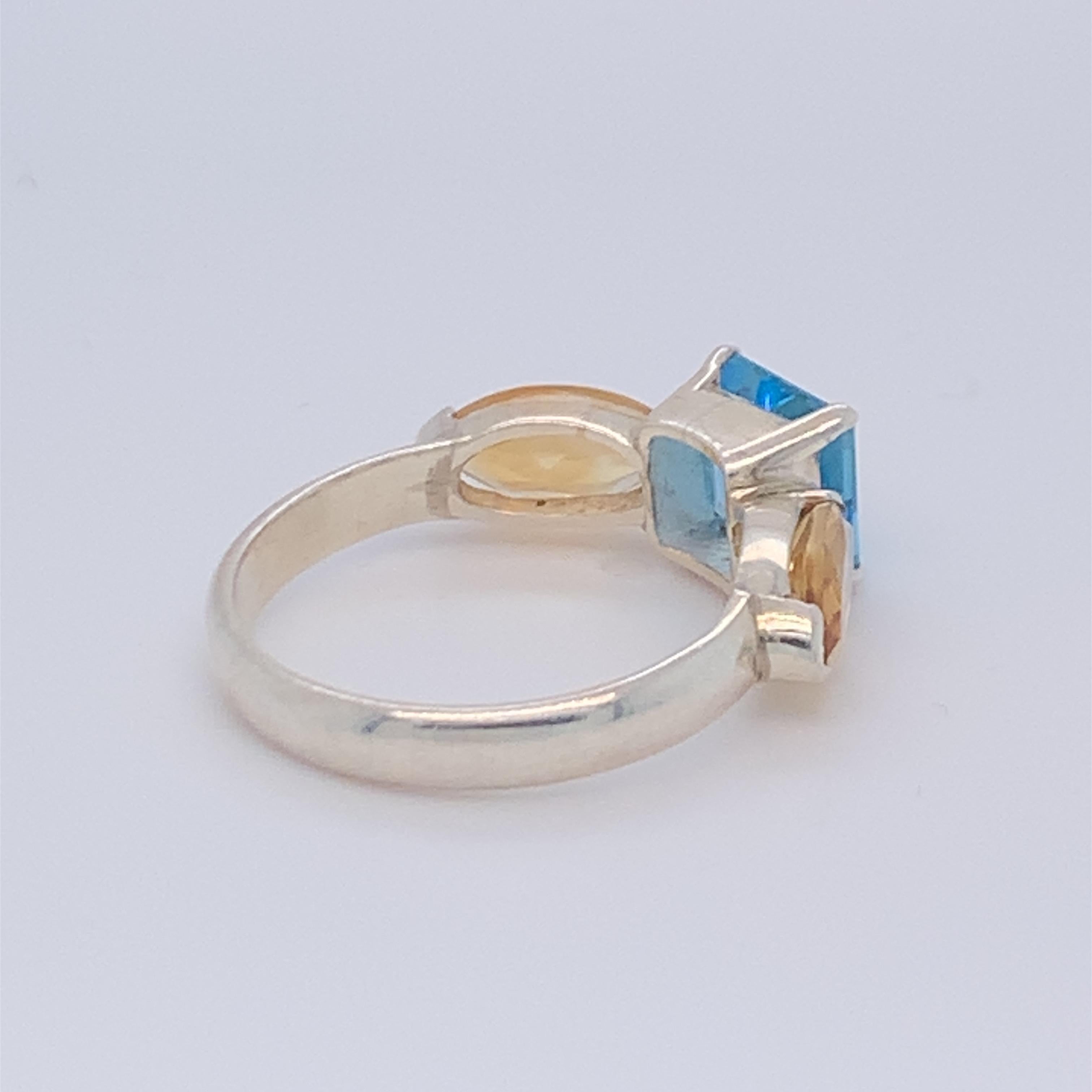 Handmade Sterling Silver Blue Topaz and Citrine Ring For Sale 1
